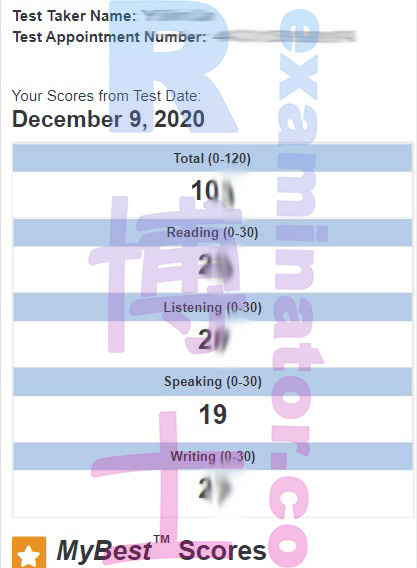 El 9 de diciembre de 2020, examen en casa de TOEFL. Puntaje de 10X. No importa si la base del habla no es tan buena.