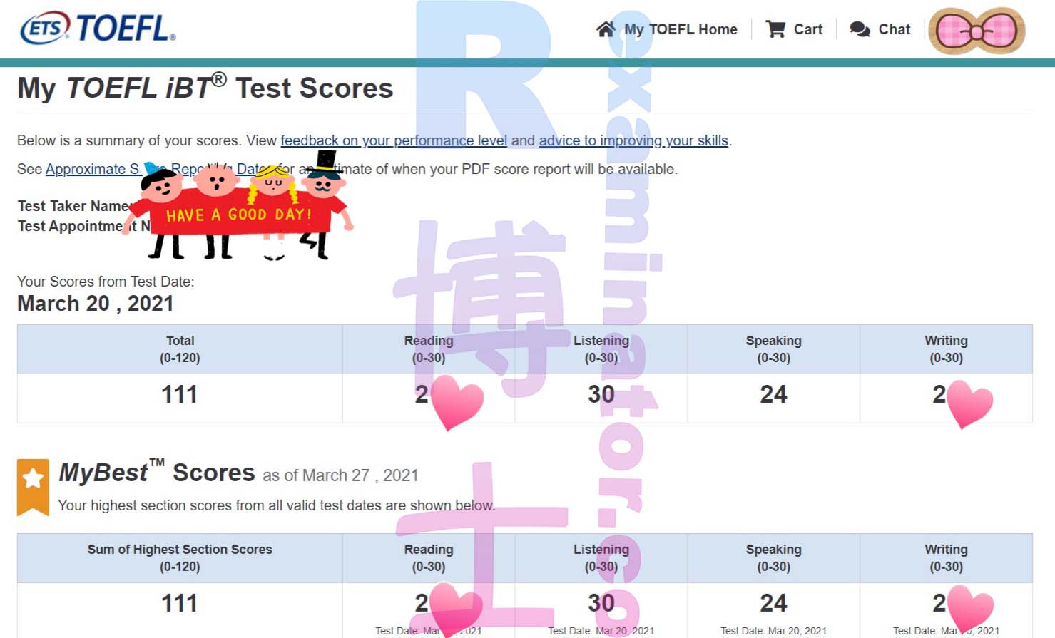 111 im TOEFL: Mit unserer Hilfe hat sie auch beim Sprechen gut abgeschnitten.
