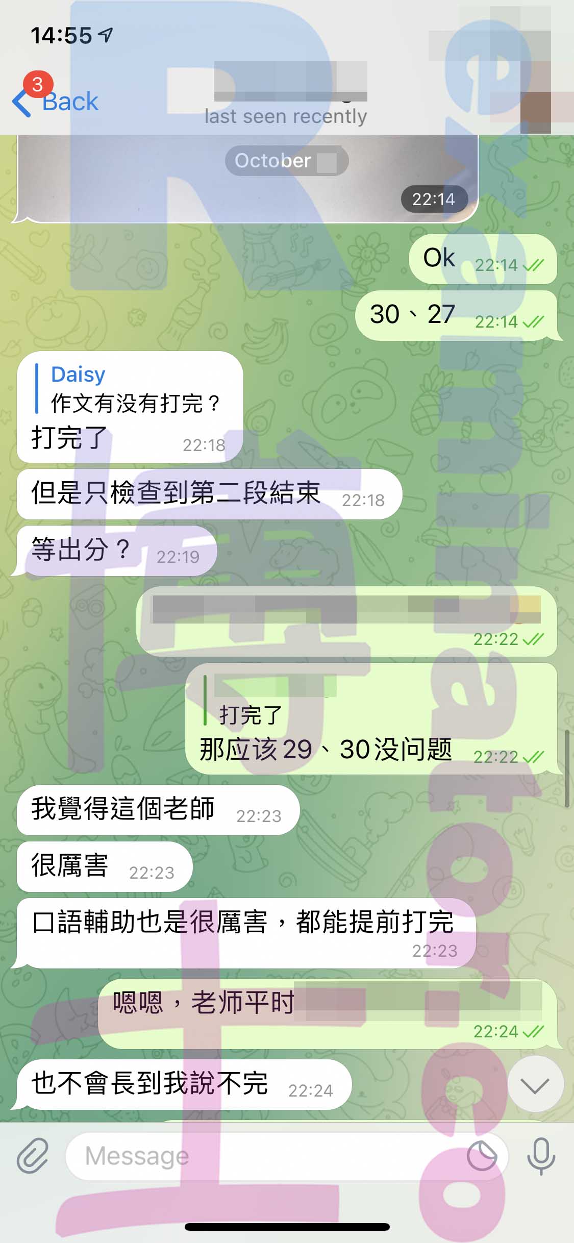 screenshot of chat logs for Tricherie au TOEFL success story #233