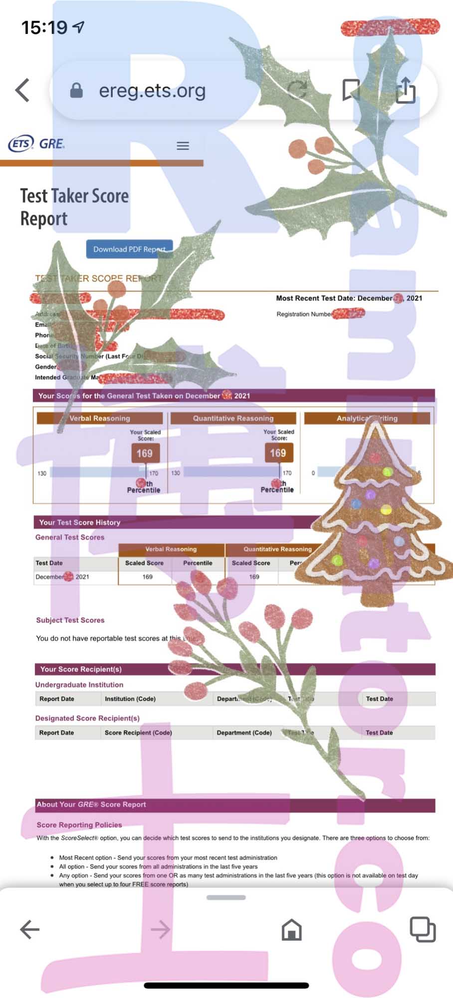 ¡338 en el GRE! ¡Felicitaciones a F por obtener su puntuación en el GRE antes de Navidad! 🎄