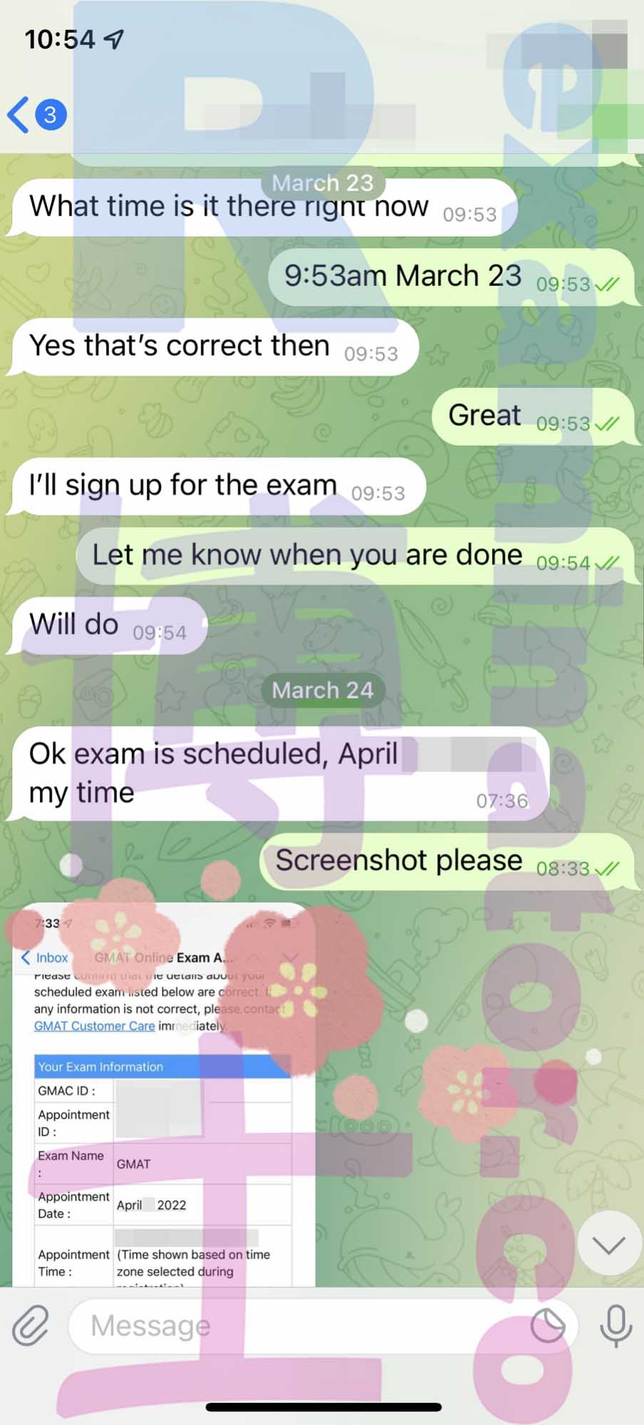 screenshot of chat logs for [Trampa en GMAT] success story #160