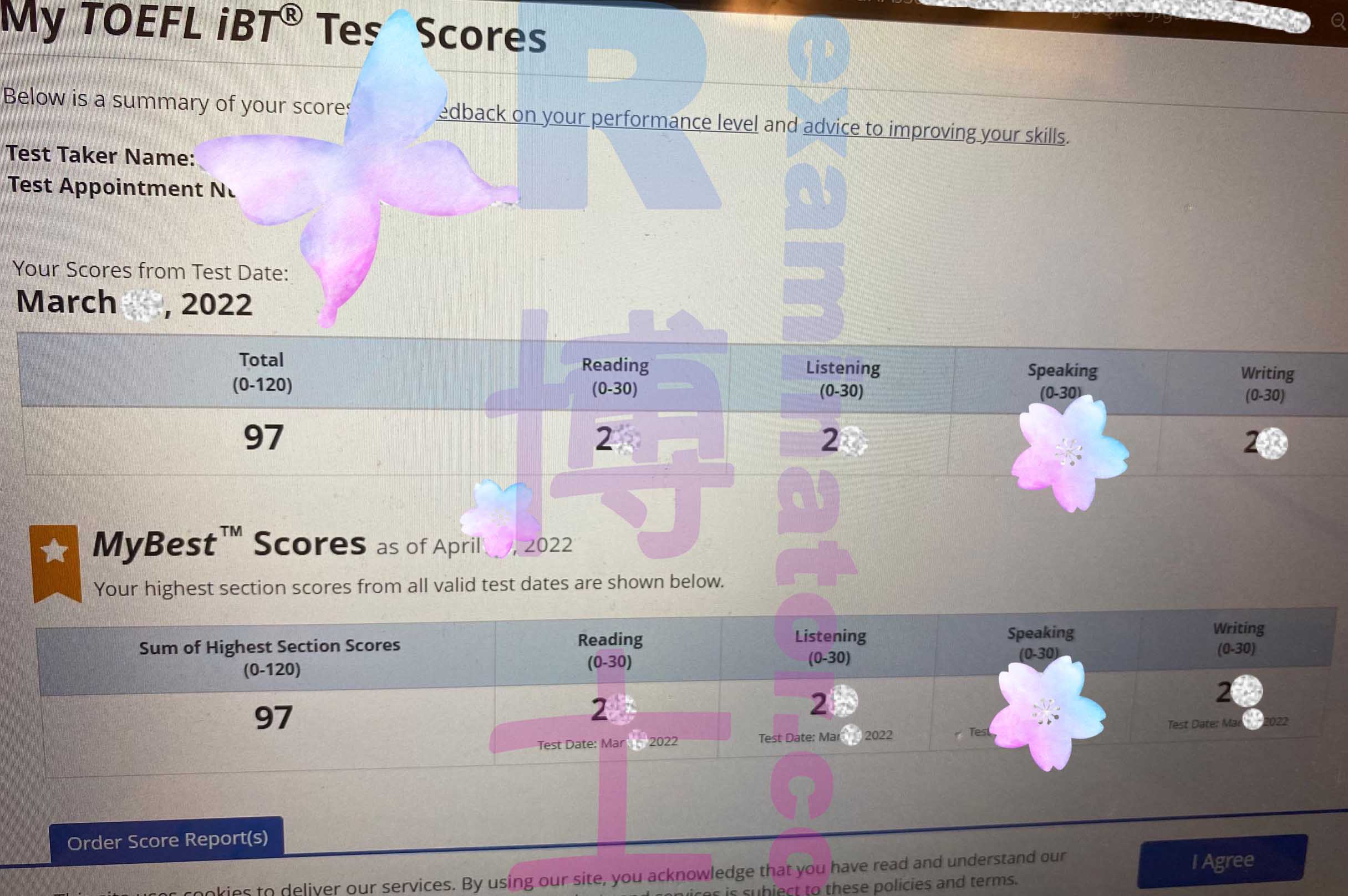 97 im TOEFL Home Edition! Der Kunde hat beim Sprechen gut abgeschnitten. 👍
