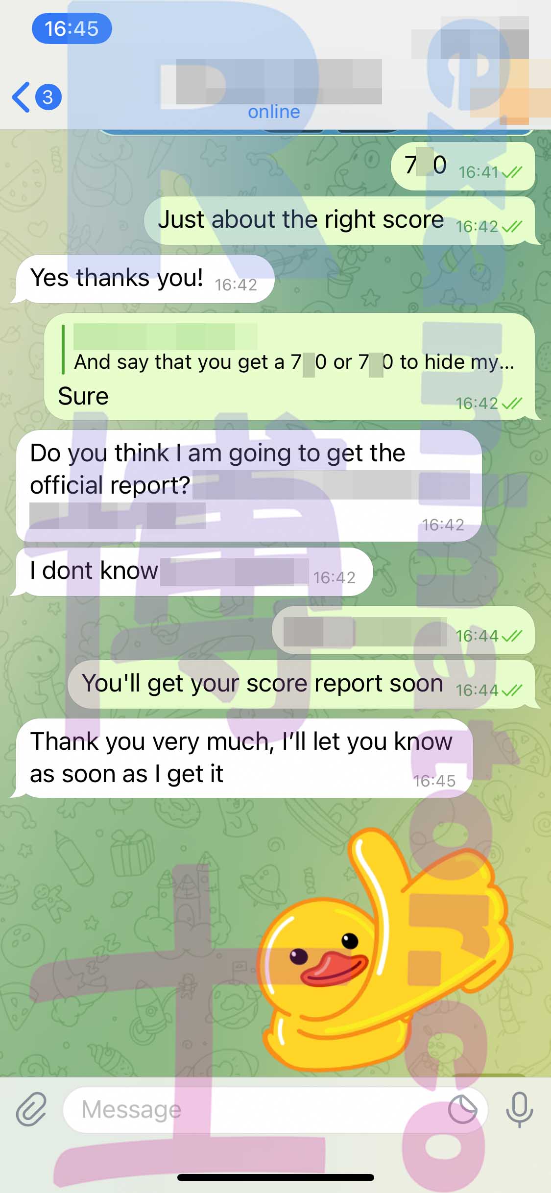 screenshot of chat logs for Tricherie au GMAT success story #306