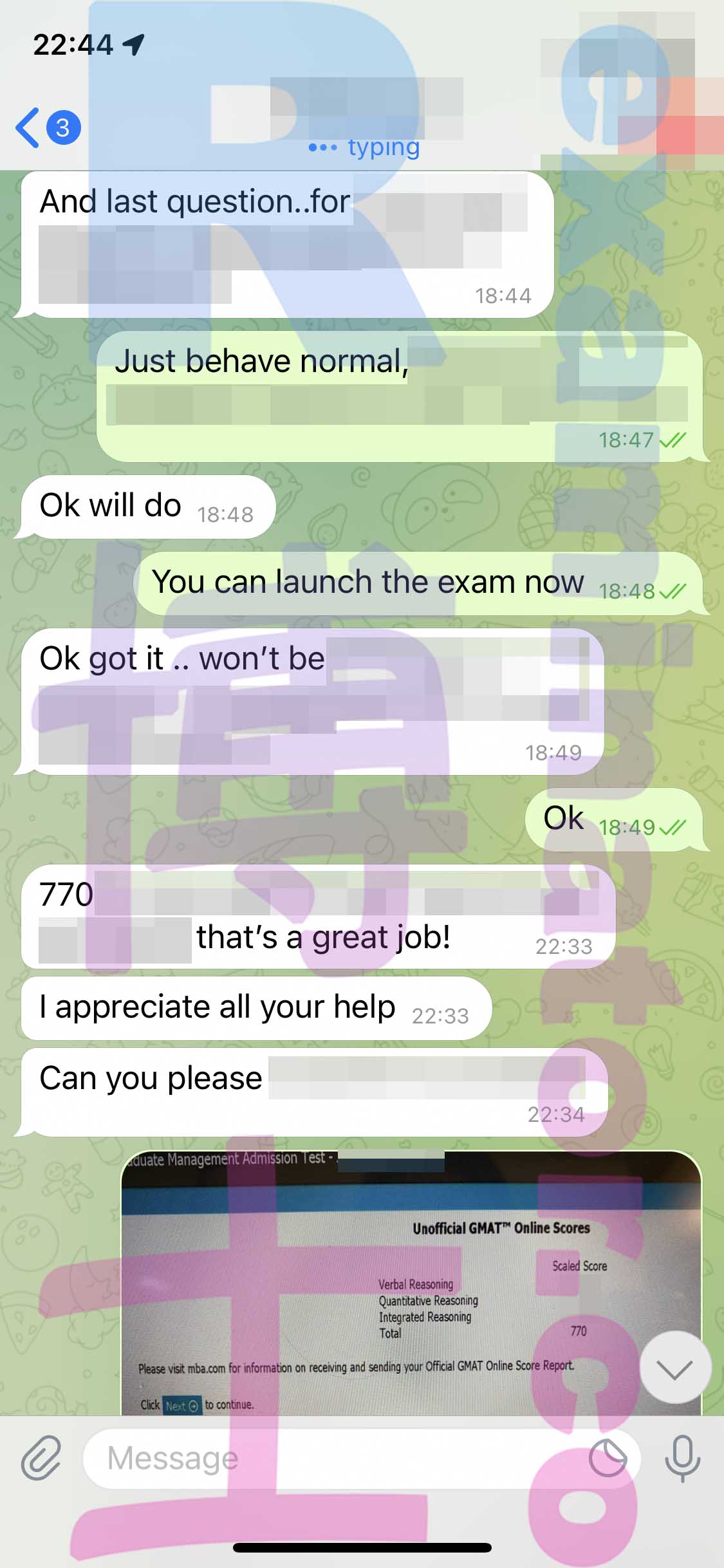 screenshot of chat logs for Tricherie au GMAT success story #319