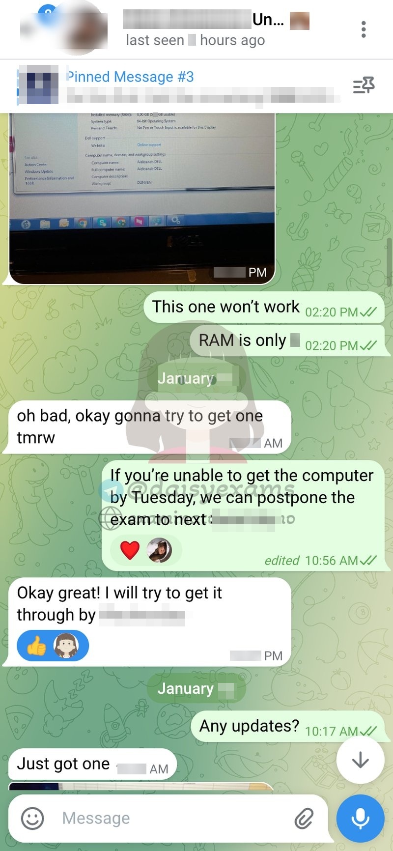 screenshot of chat logs for 부정행위 success story #722