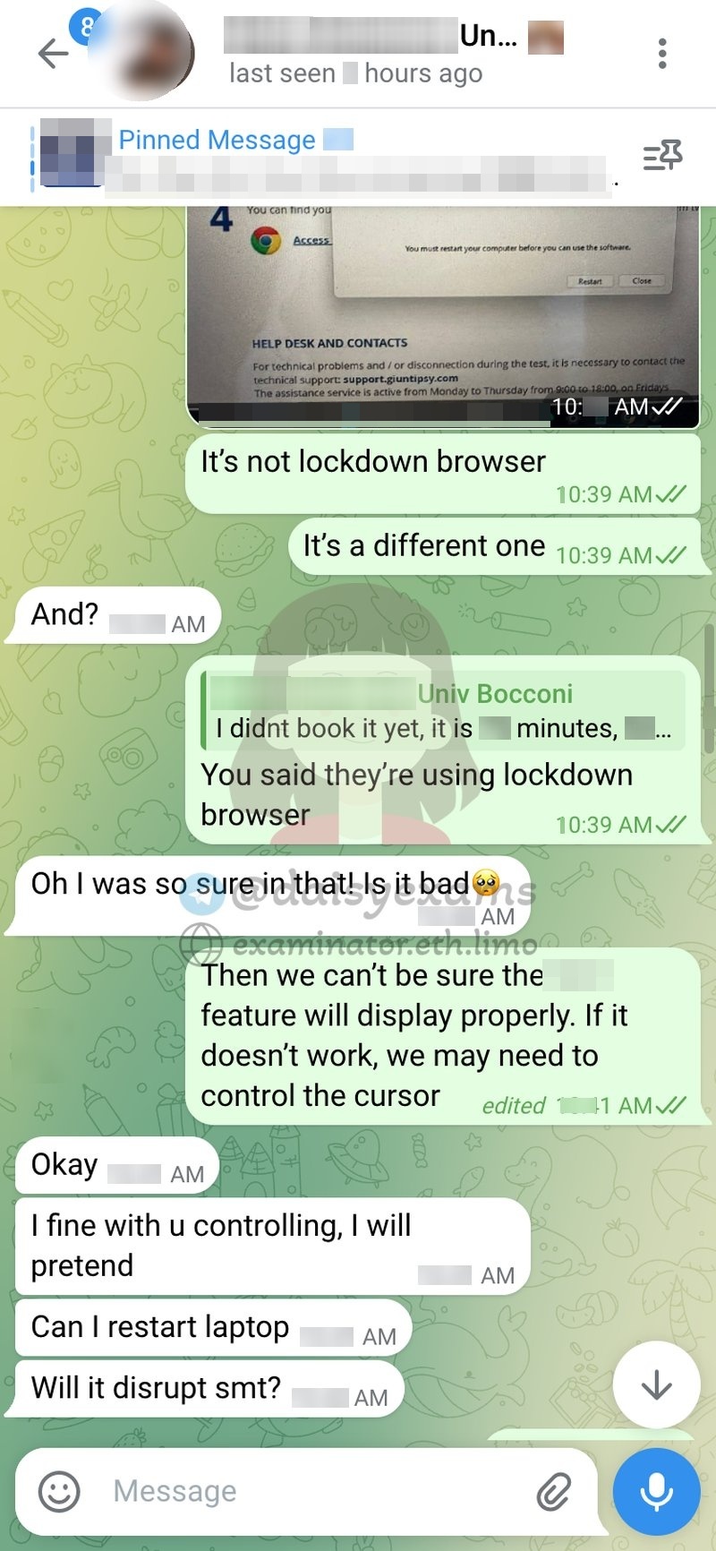 screenshot of chat logs for Cheating success story #722
