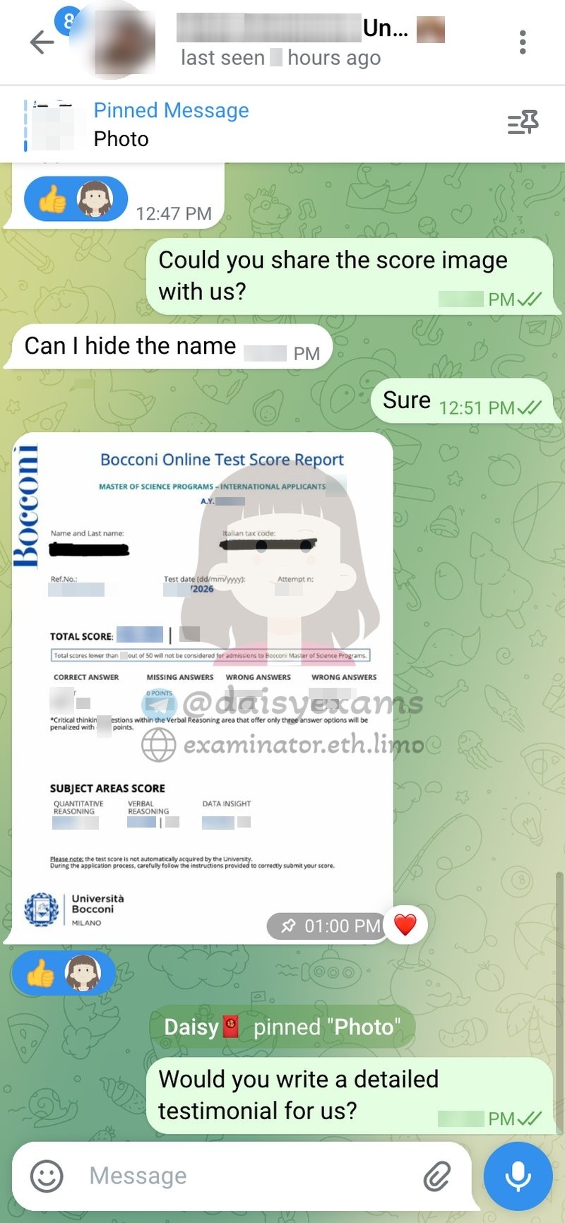 Bocconi 硕士入学考试代考成绩
