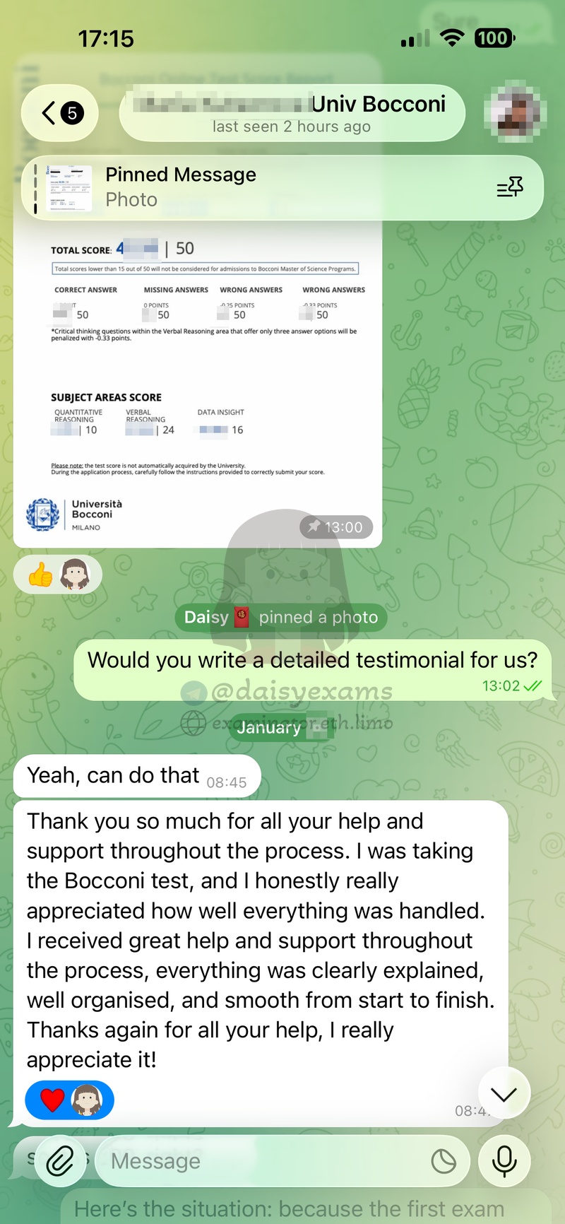 Bocconi 硕士入学考试代考：客户好评