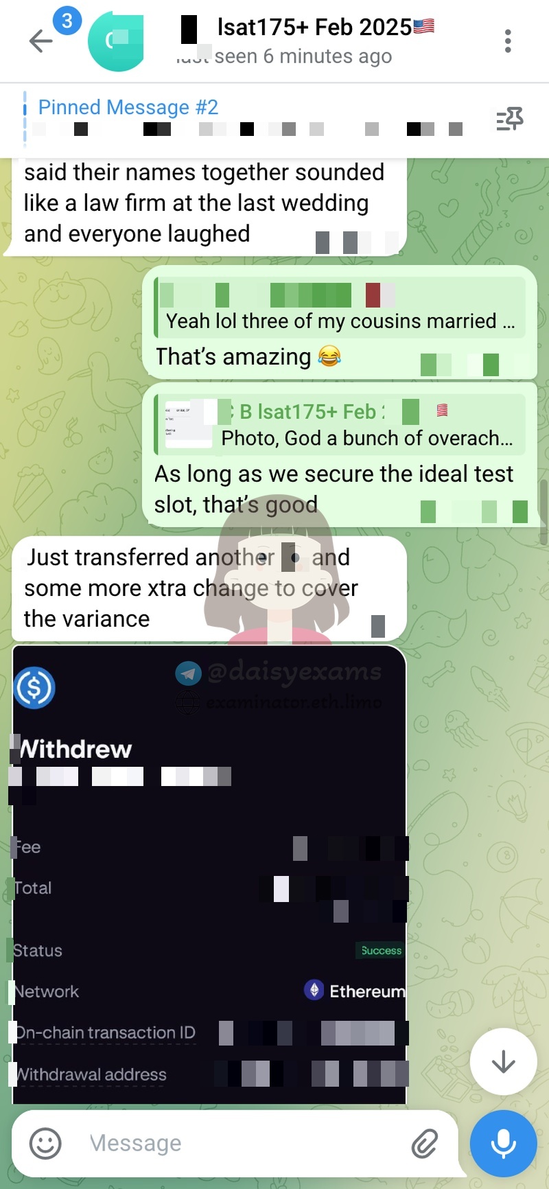 screenshot of chat logs for LSAT Cheating success story #733