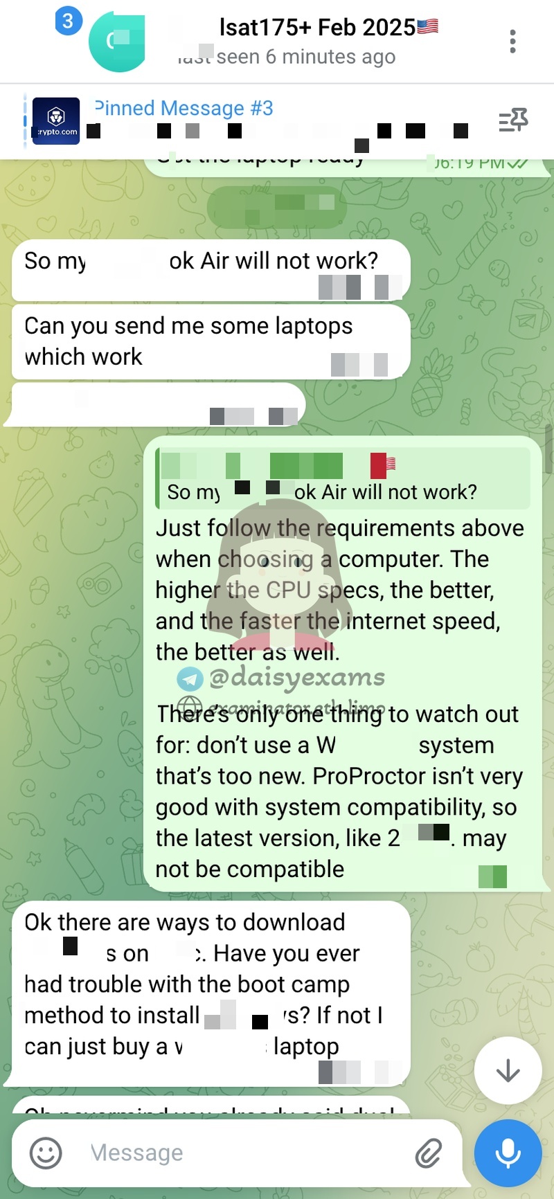 screenshot of chat logs for LSAT Cheating success story #733