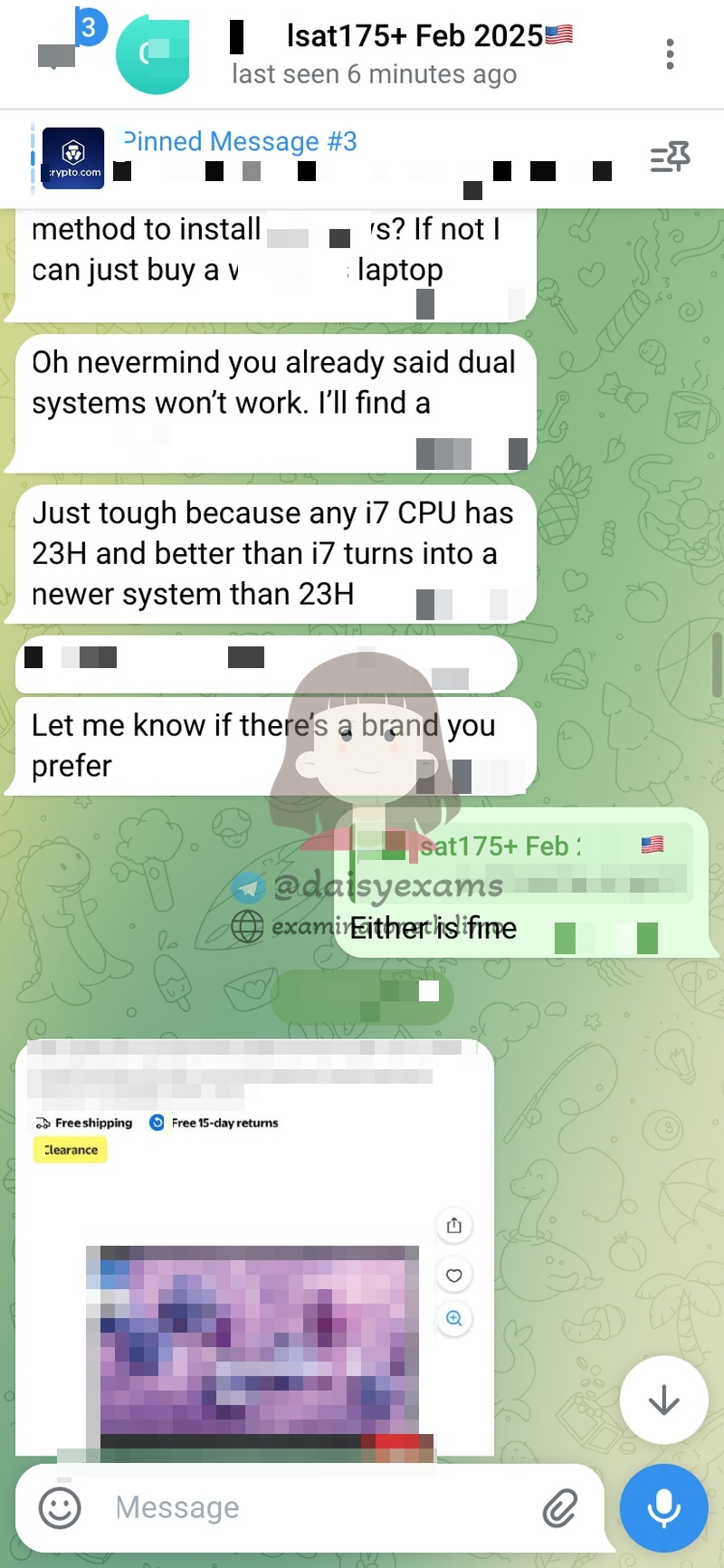 screenshot of chat logs for LSAT Cheating success story #733