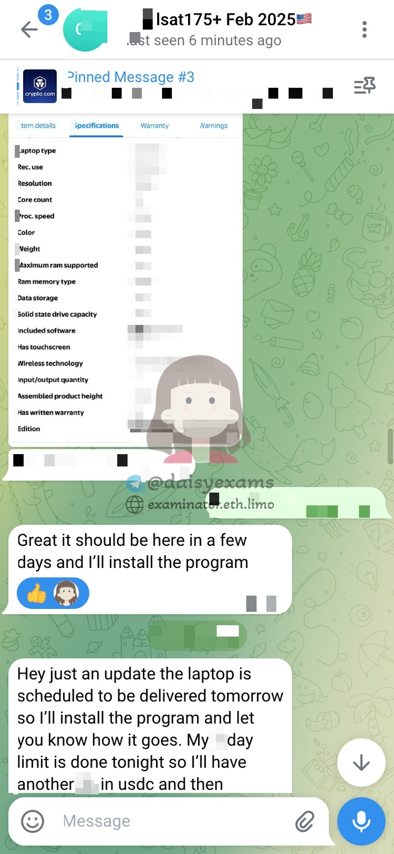 screenshot of chat logs for LSAT Cheating success story #733