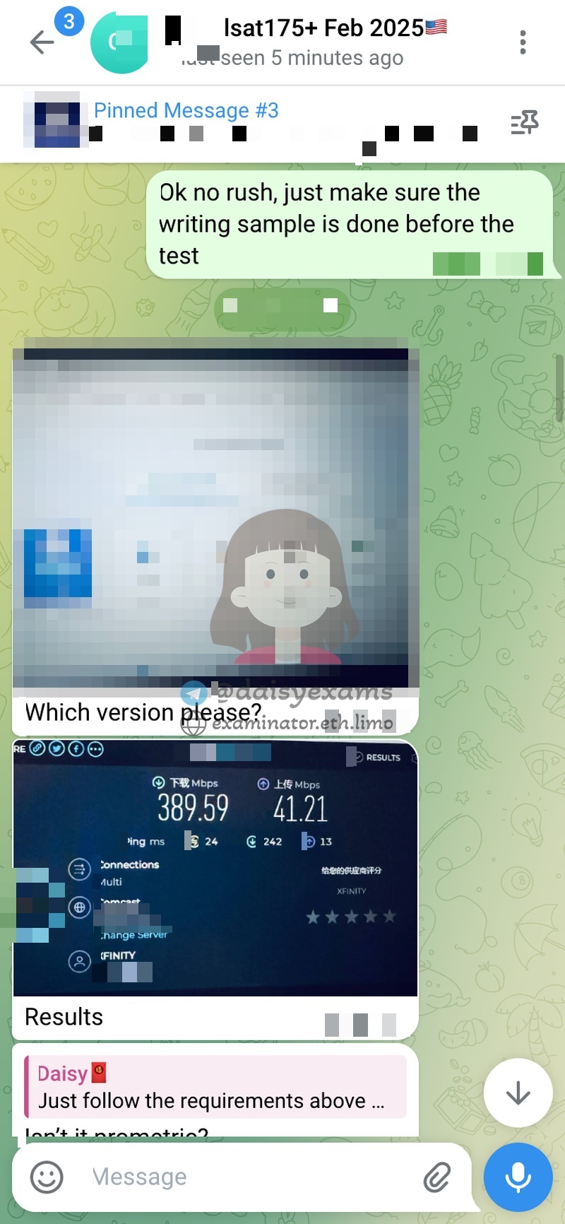 screenshot of chat logs for LSAT Cheating success story #733