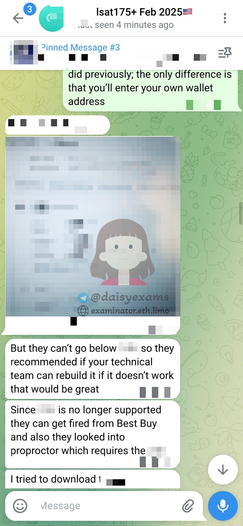 screenshot of chat logs for LSAT Cheating success story #733