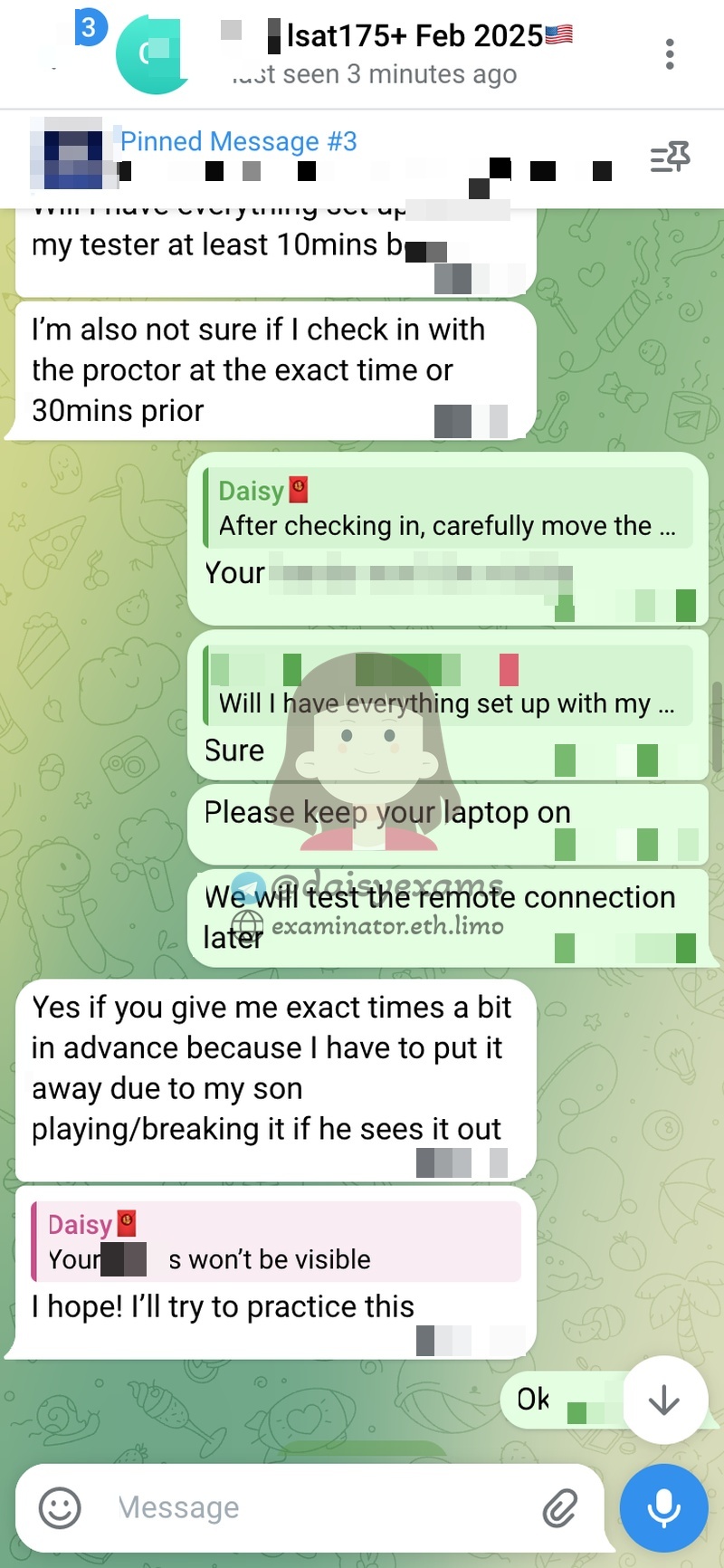 screenshot of chat logs for LSAT Cheating success story #733