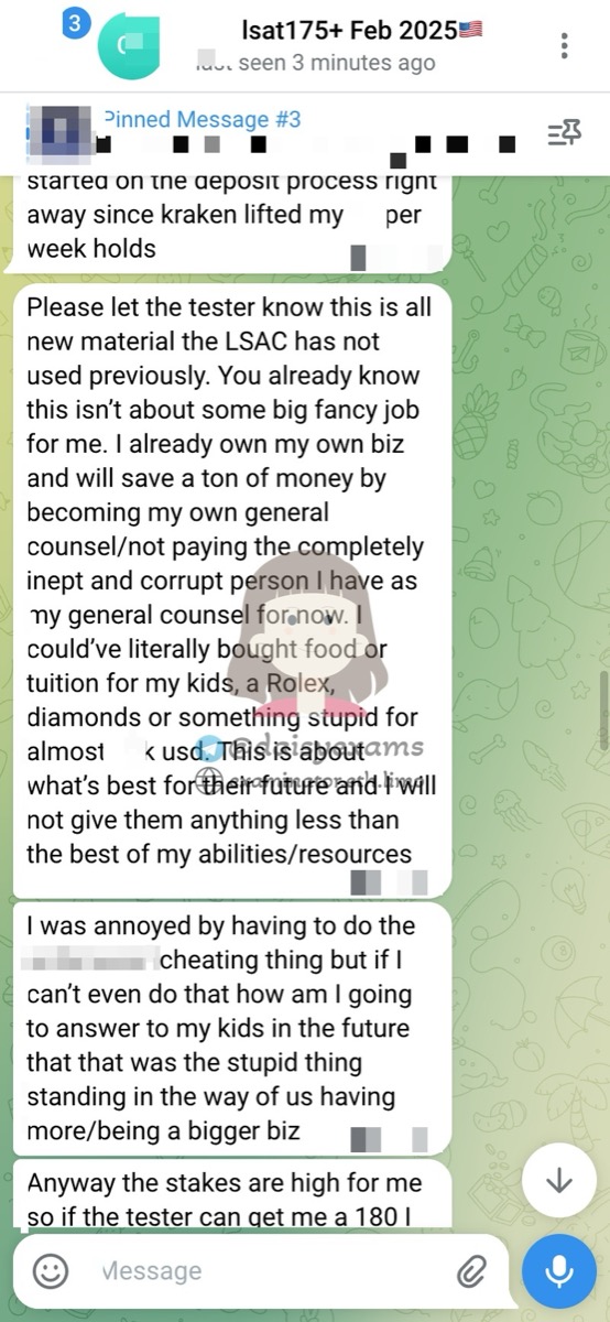 screenshot of chat logs for LSAT Cheating success story #733