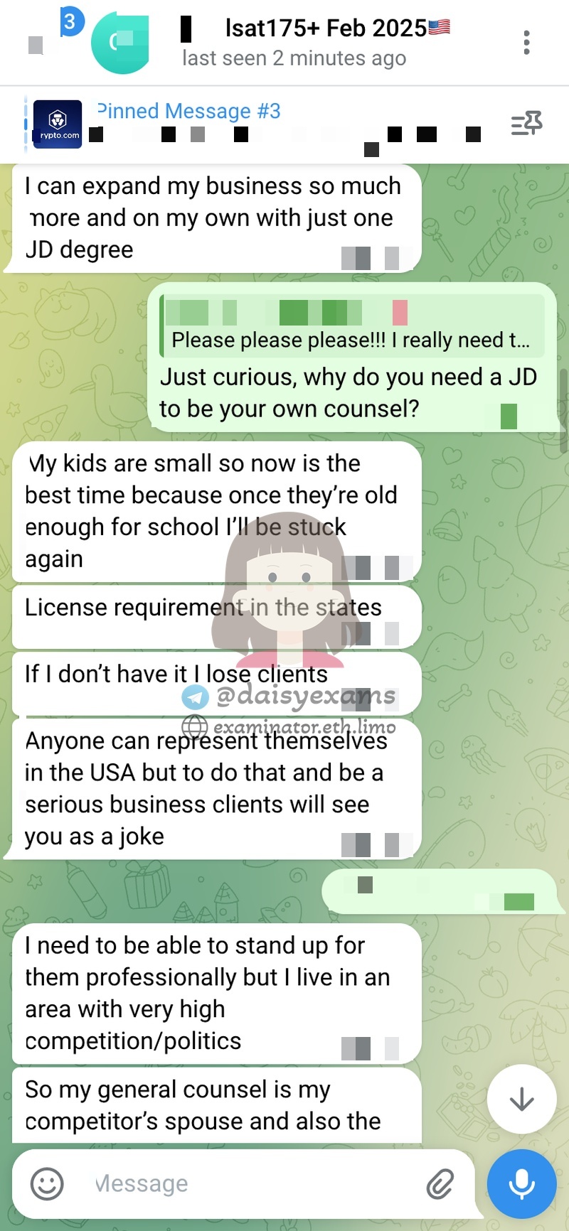 screenshot of chat logs for LSAT Cheating success story #733