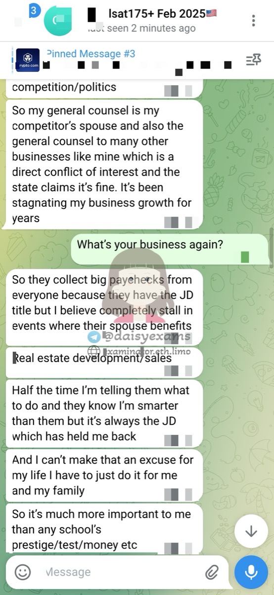 screenshot of chat logs for LSAT Cheating success story #733