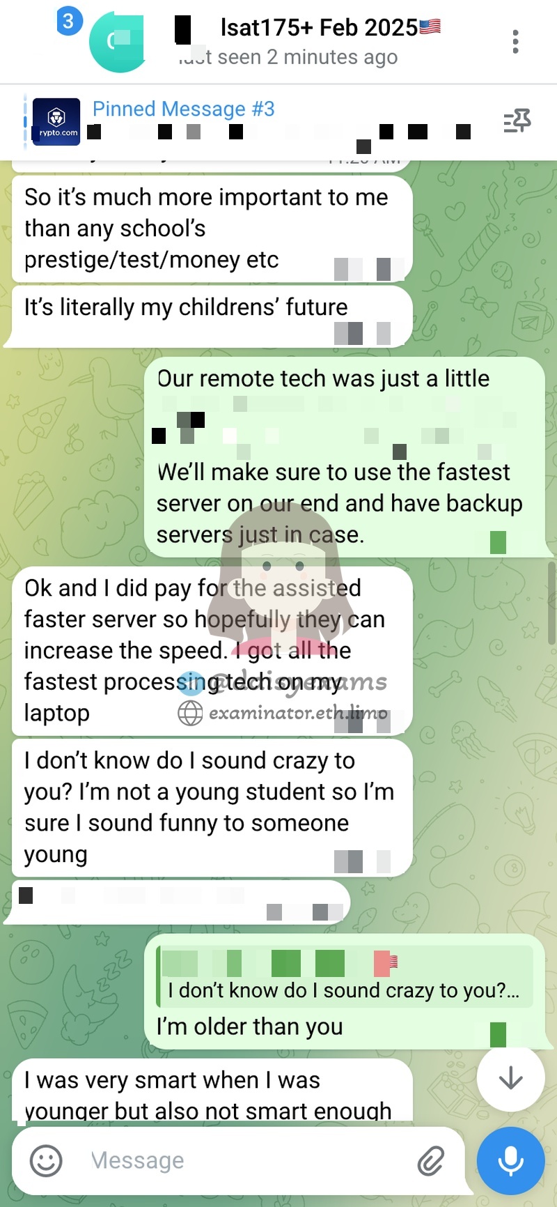 screenshot of chat logs for LSAT Cheating success story #733