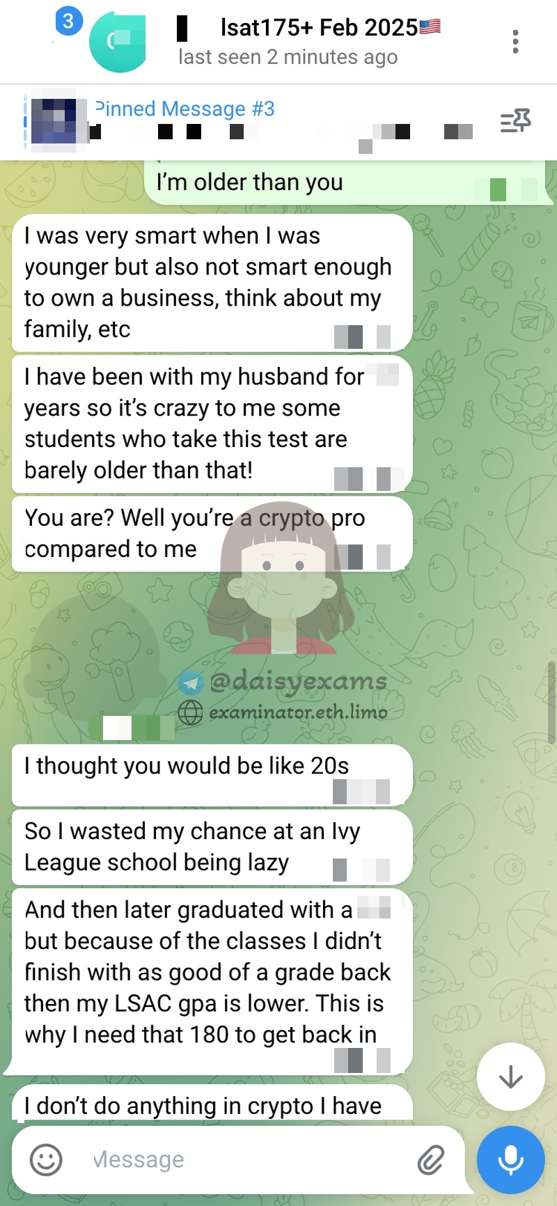 screenshot of chat logs for LSAT Cheating success story #733