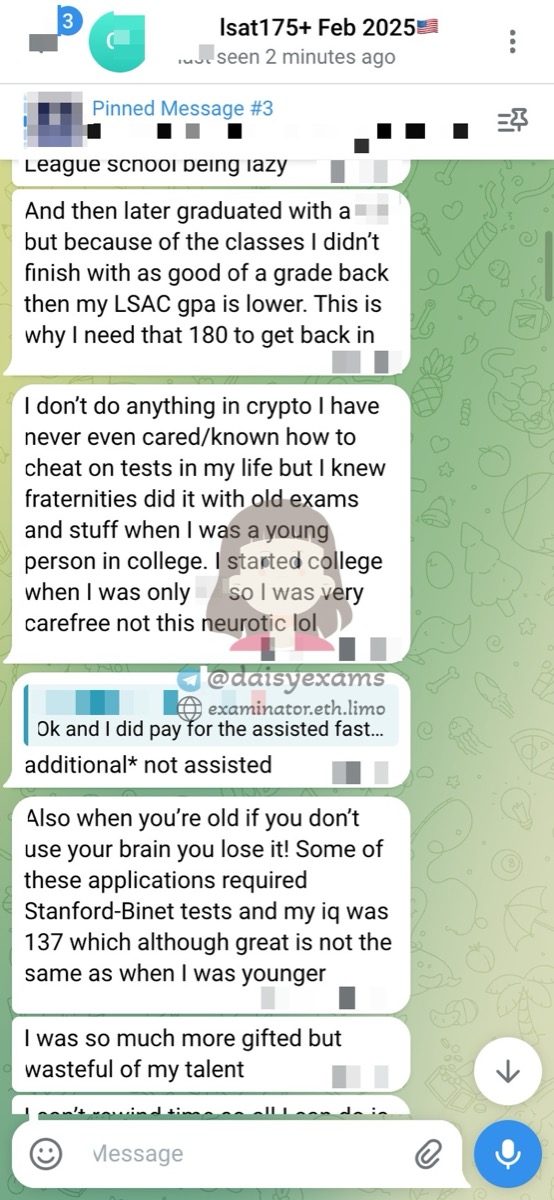 screenshot of chat logs for LSAT Cheating success story #733