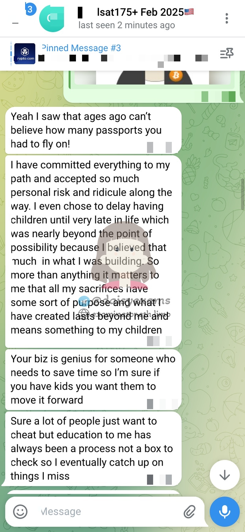 screenshot of chat logs for LSAT Cheating success story #733