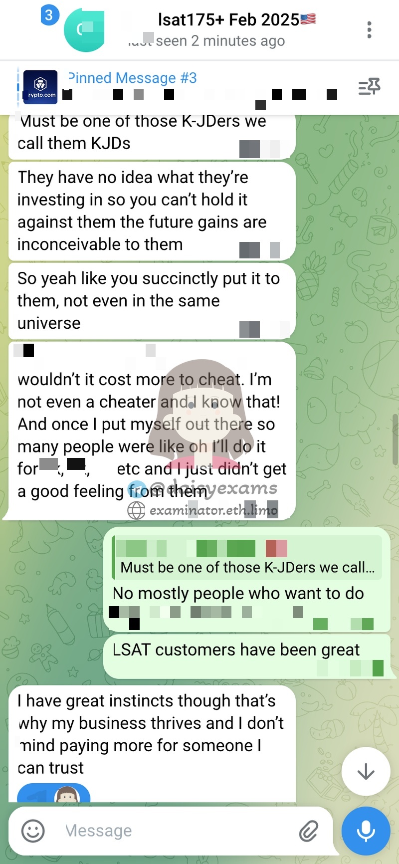 screenshot of chat logs for LSAT Cheating success story #733