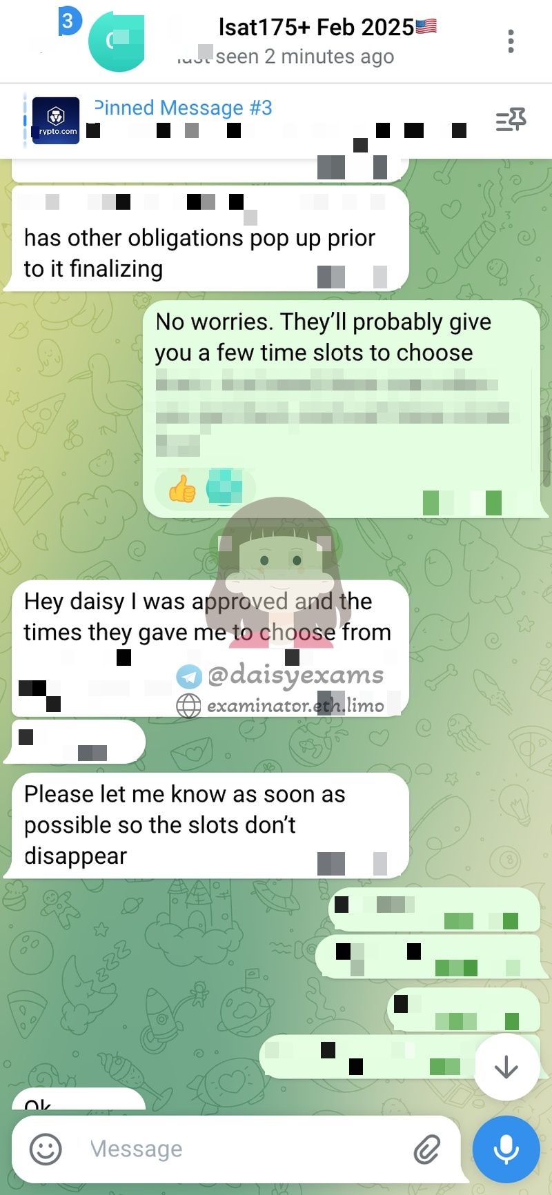 screenshot of chat logs for LSAT Cheating success story #733