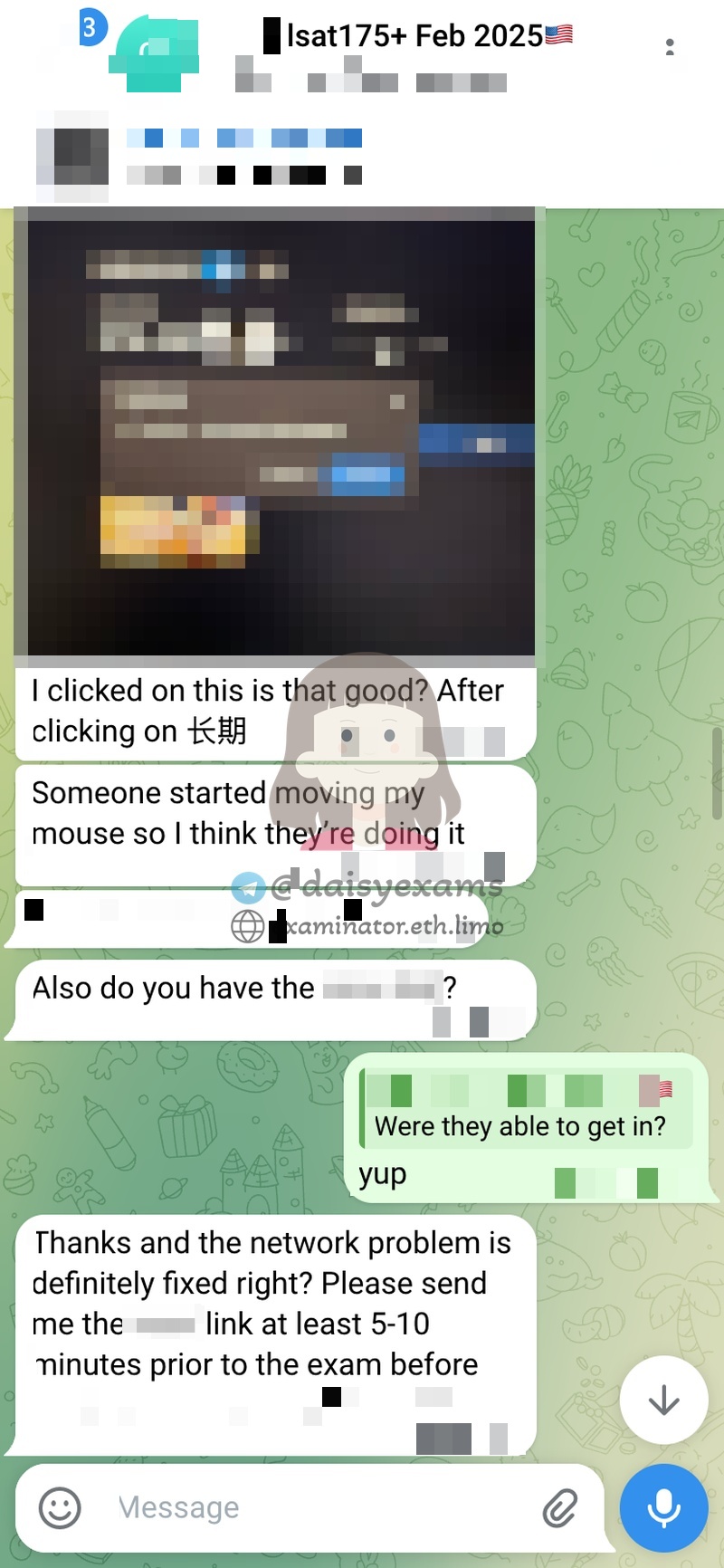 screenshot of chat logs for LSAT Cheating success story #733