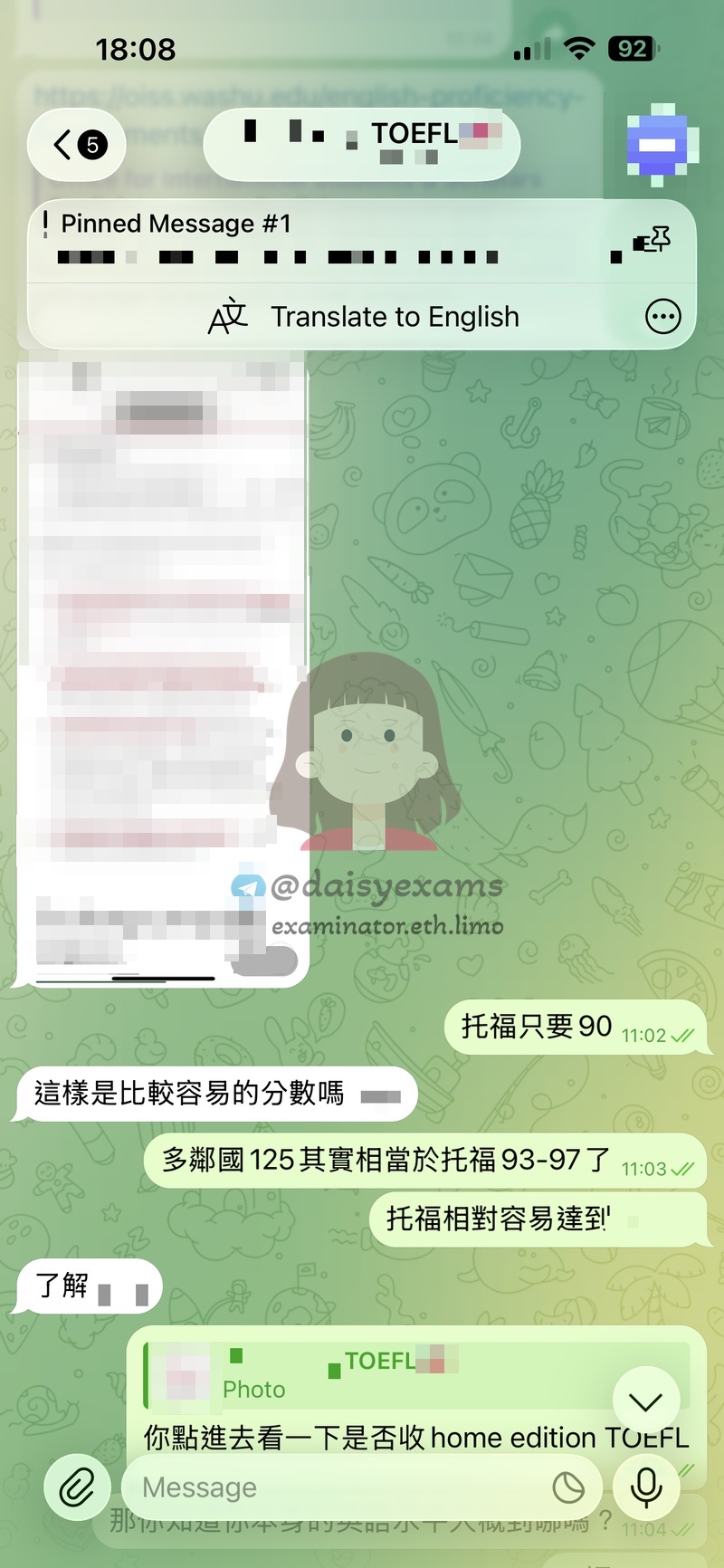 screenshot of chat logs for TOEFL 부정행위 success story #736