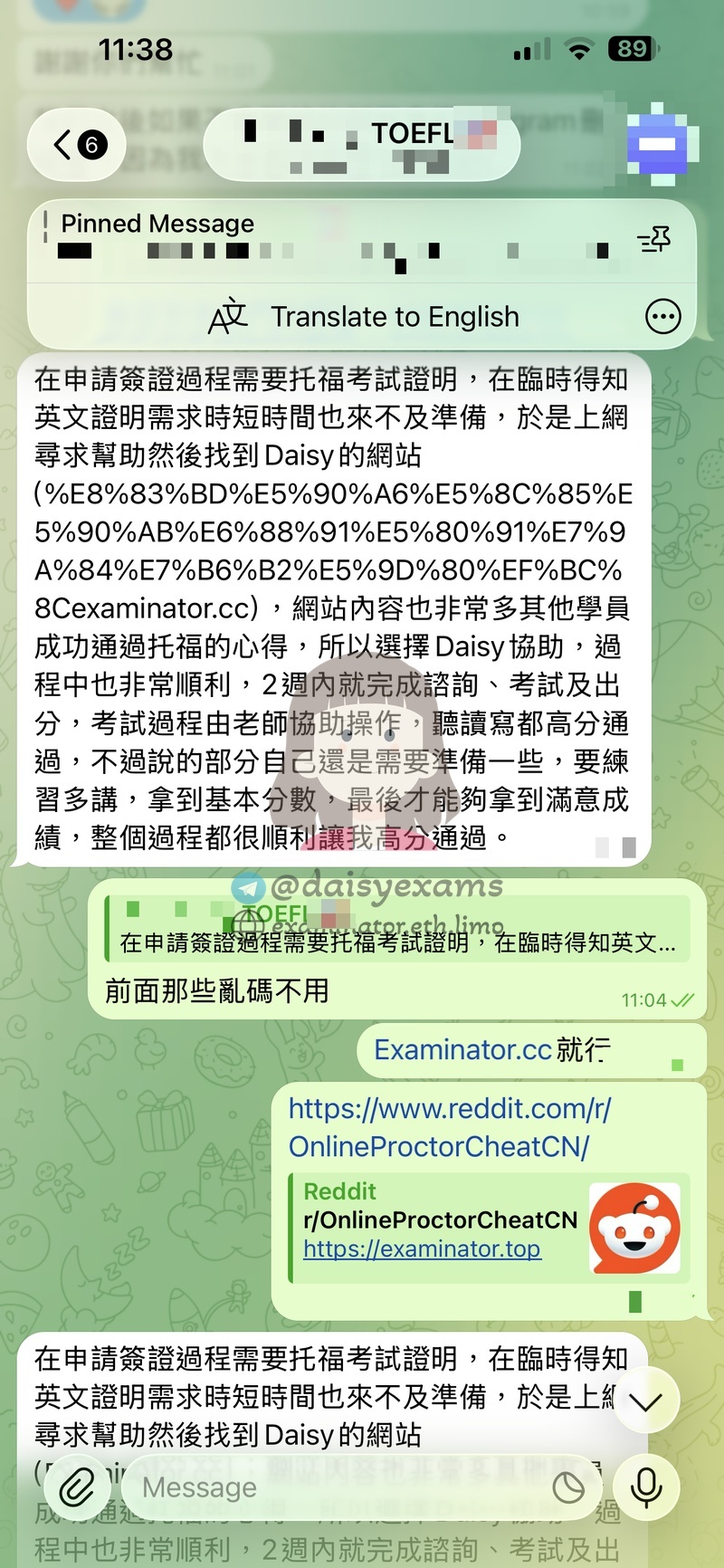 screenshot of chat logs for TOEFL 부정행위 success story #736