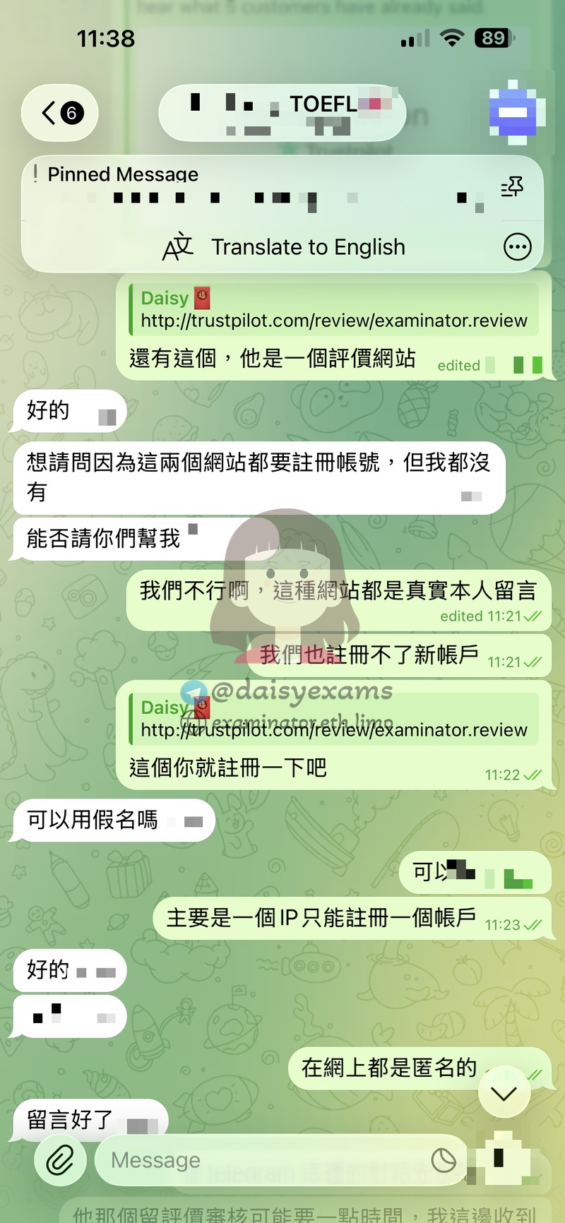 screenshot of chat logs for TOEFL 부정행위 success story #736