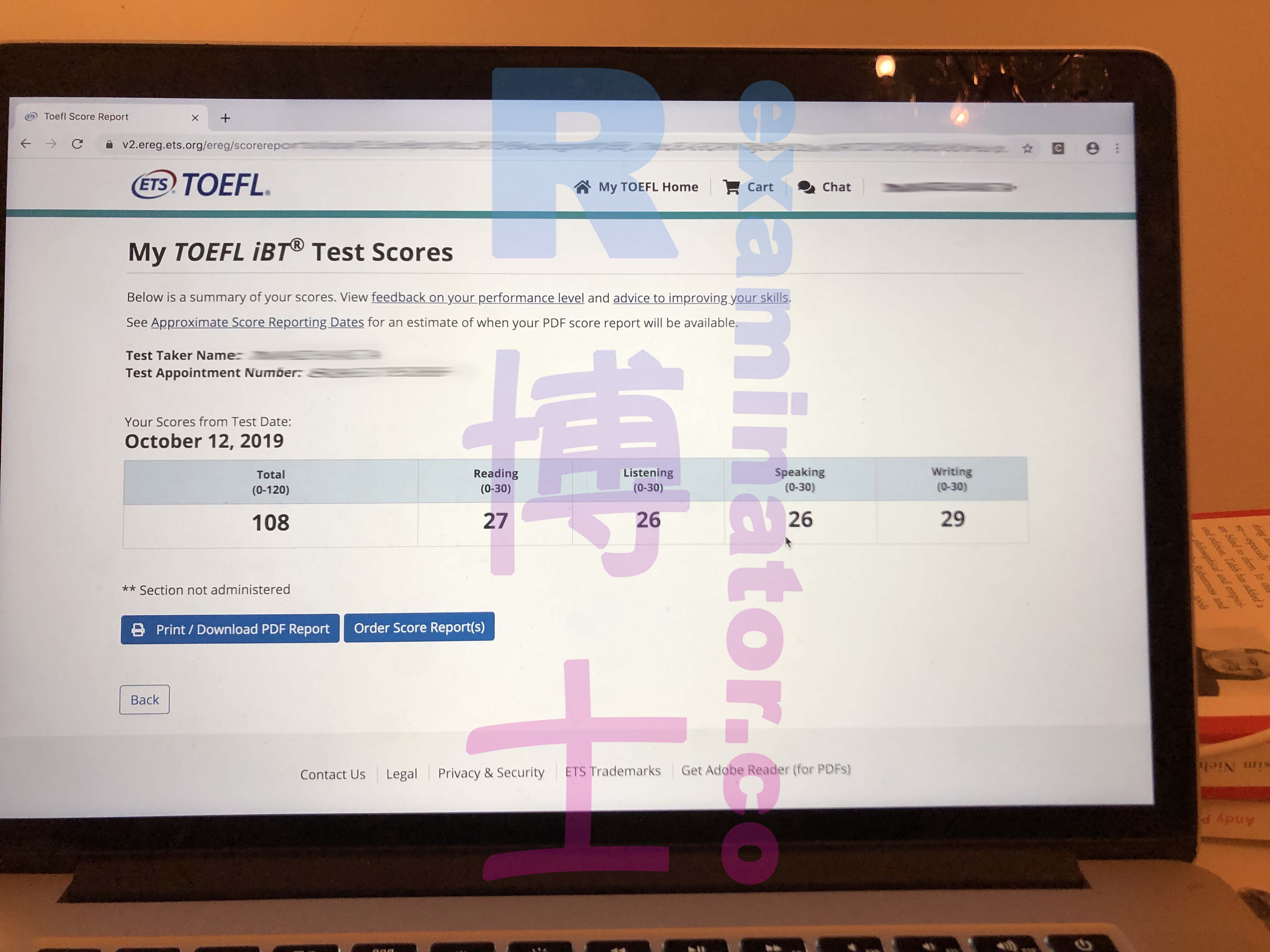 Score proxy au test TOEFL de 108 le 12.10.2019.
