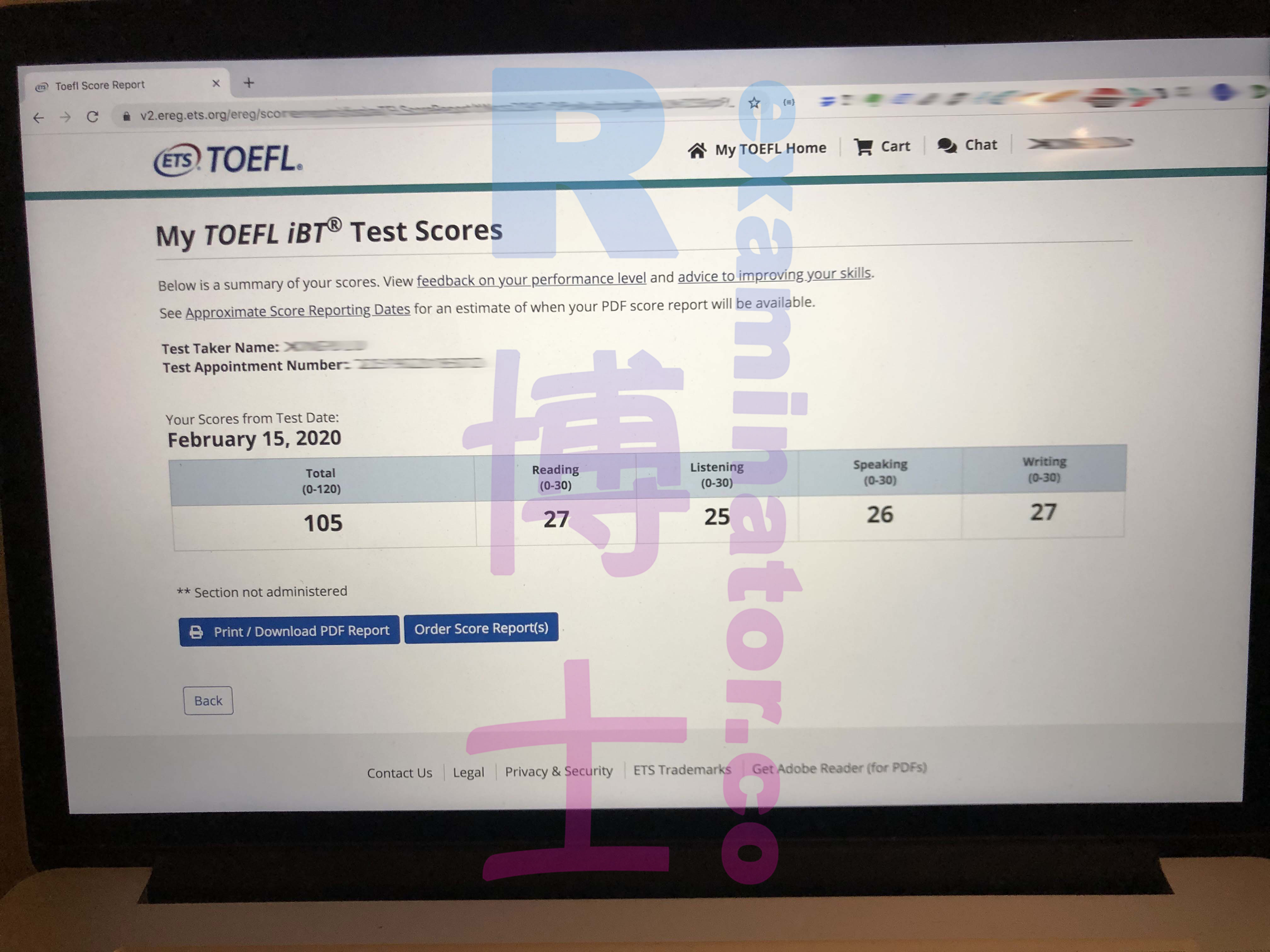 Examen Toefl avec un remplaçant, score de 105, le 15 février 2020.
