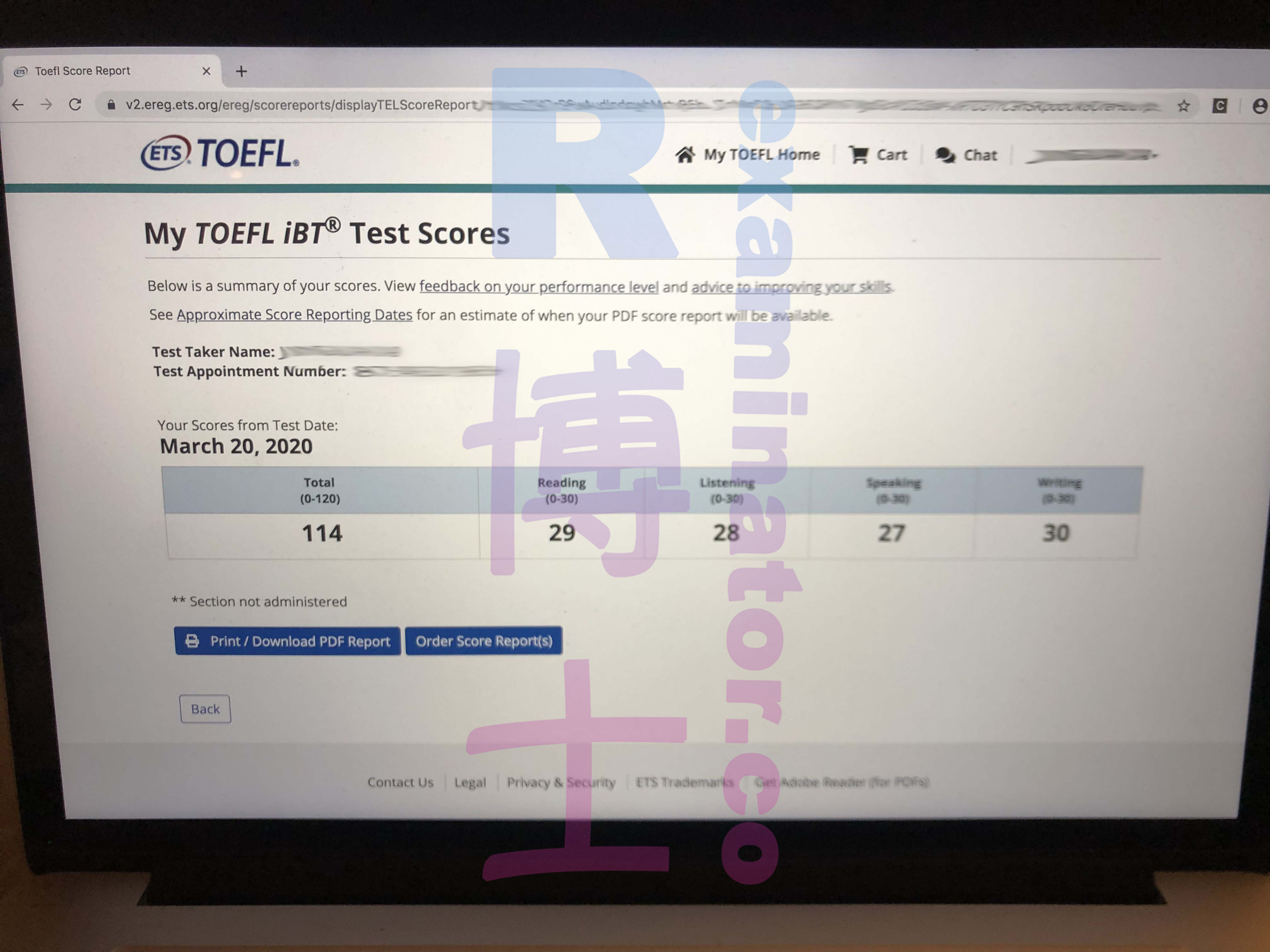 20 mars 2020, Test proxy TOEFL 114 points.
