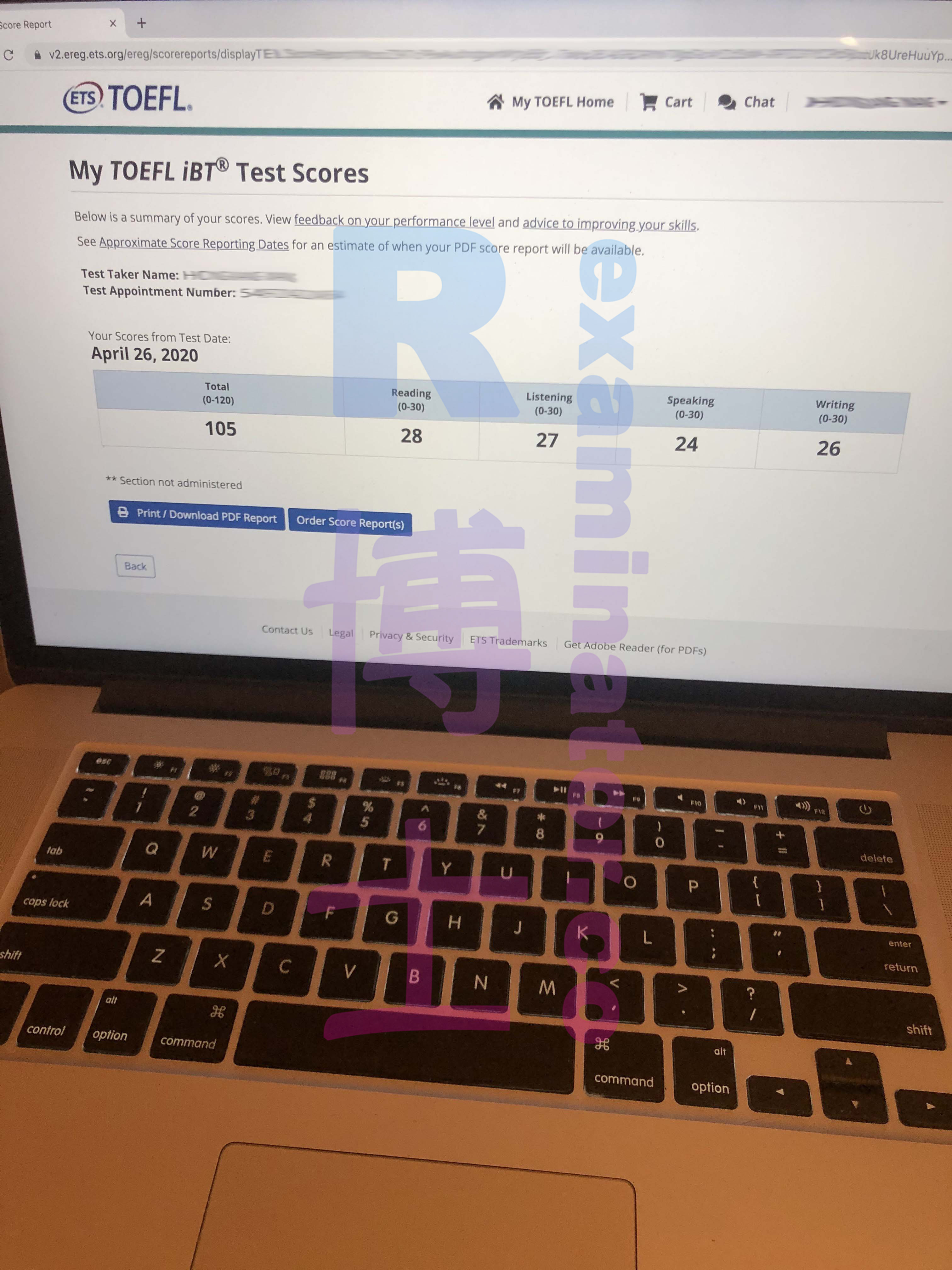 26 avril 2020, test proxy TOEFL, 105 points
