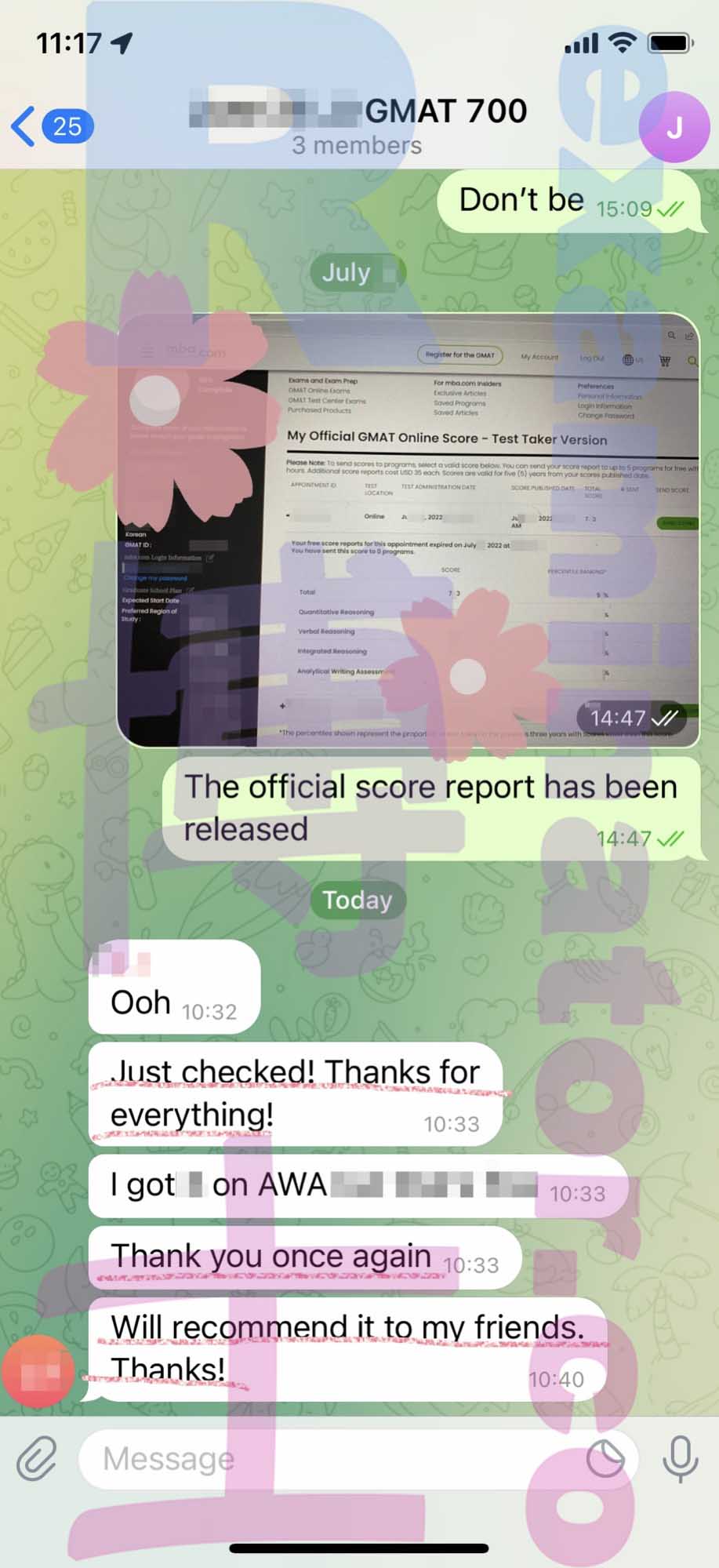 screenshot of chat logs for Tricherie au GMAT success story #343