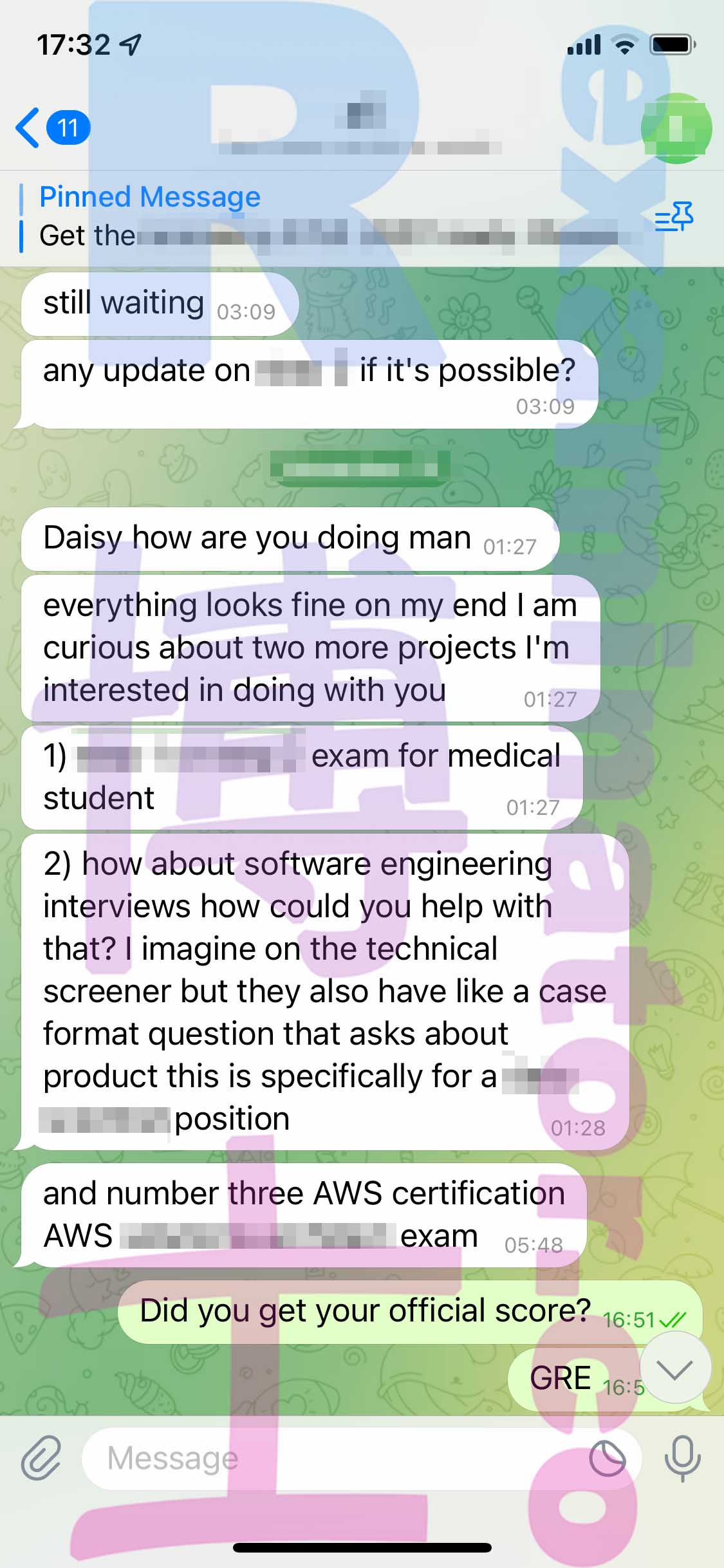 ¡Ya tenemos la puntuación oficial de 330 en el GRE realizado en casa! El cliente de EE. UU.🇺🇸 no quiere compartir una imagen de su puntuación con nosotros. ¡Comprensible! Luego preguntaron sobre entrevistas de ingeniería de software👨🏻‍💻 y exámenes para estudiantes de medicina👨‍⚕️, lo cual aún no ofrecemos.