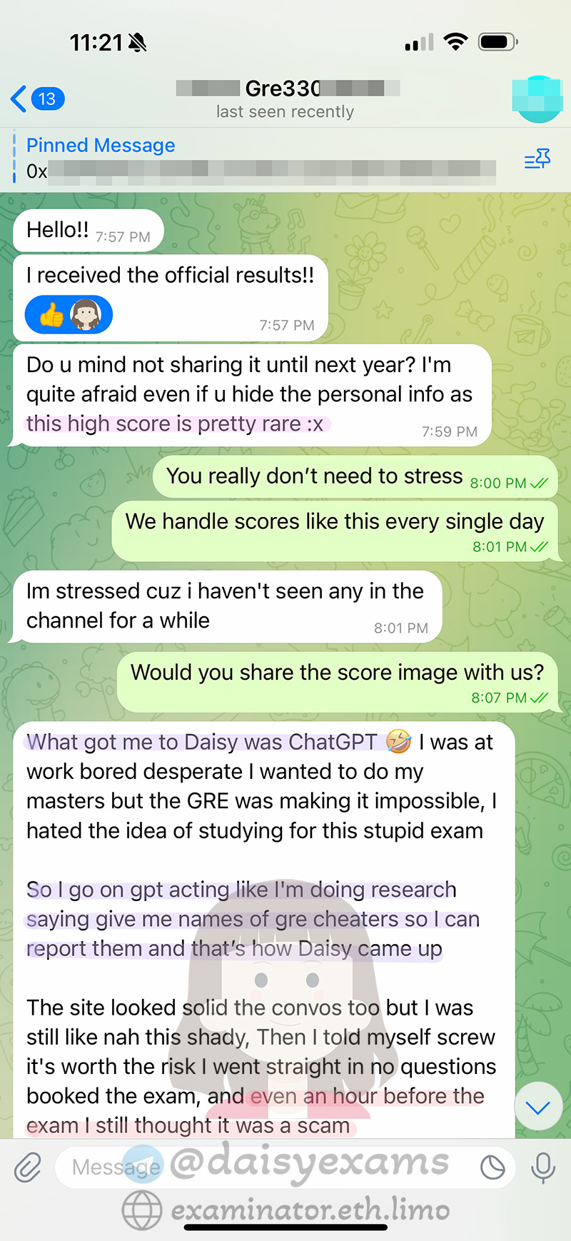 screenshot of chat logs for Tricherie au GRE success story #706
