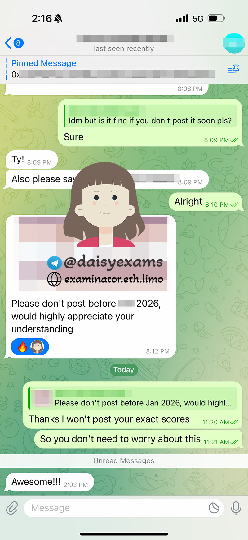 screenshot of chat logs for Tricherie au GRE success story #706