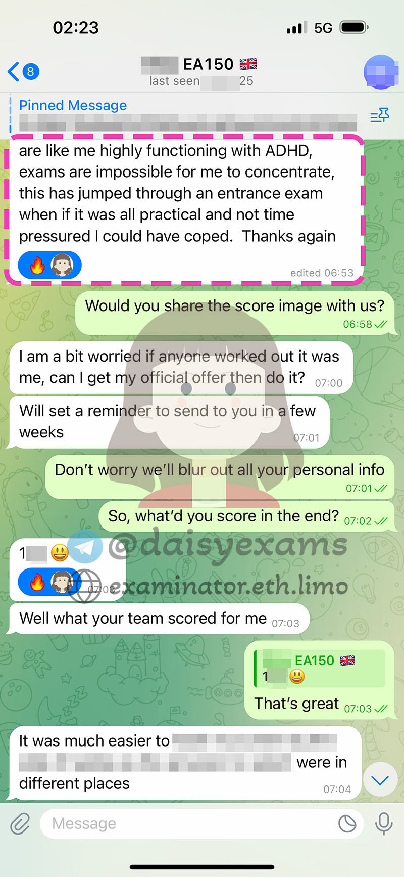 screenshot of chat logs for GMATでの不正行為 success story #703