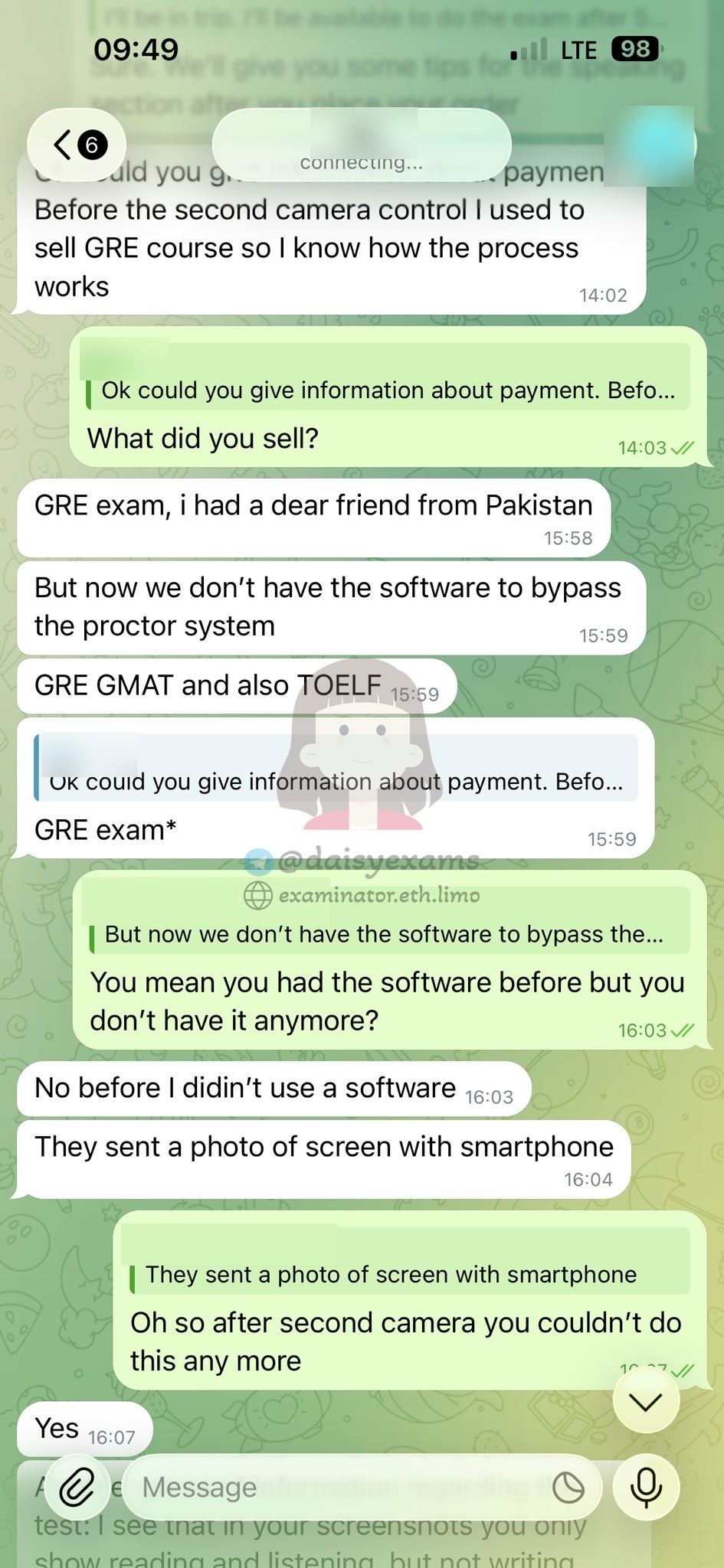 Former GRE, GMAT and TOEFL proxy seller admits the second camera stopped their photo cheating method
