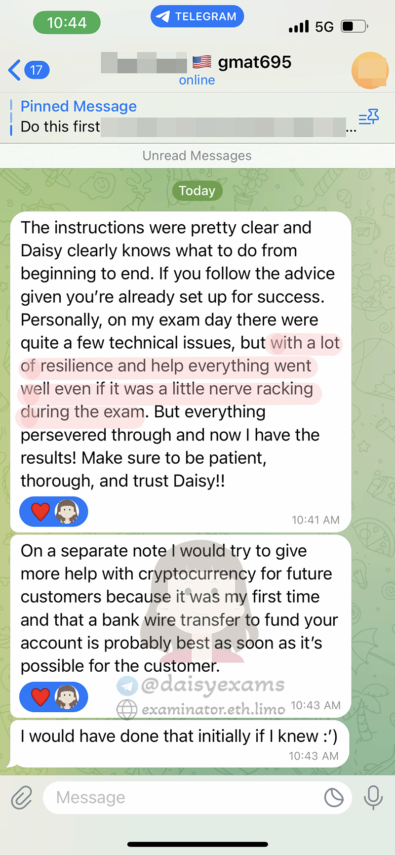 screenshot of chat logs for GMAT 부정행위 success story #698