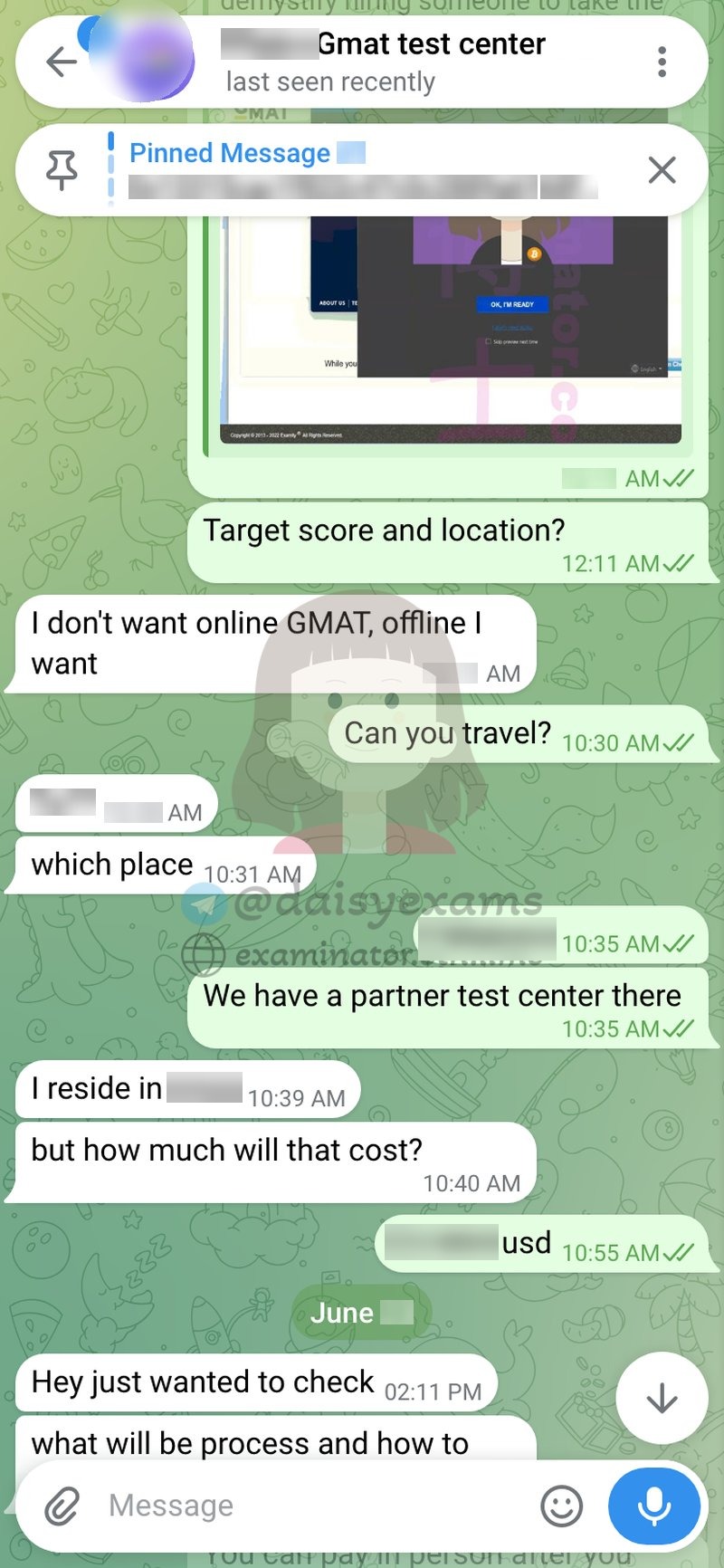 Client's opening messages: he wants an offline GMAT, is willing to travel, and asks what it will cost