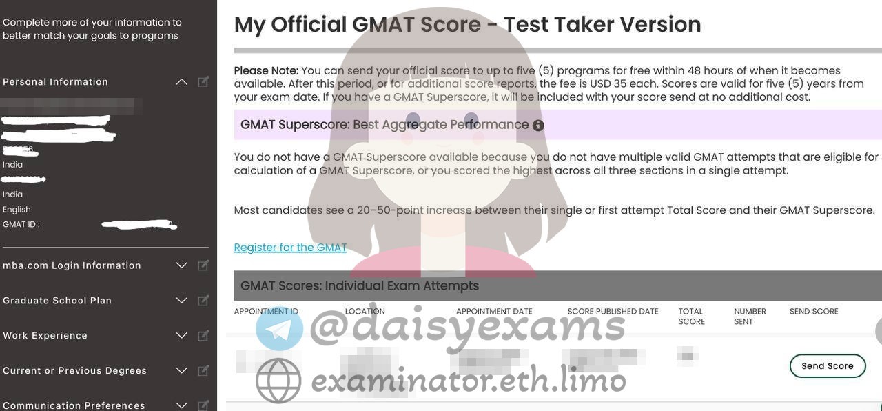 Official GMAT score report with personal details and the exact score removed for privacy
