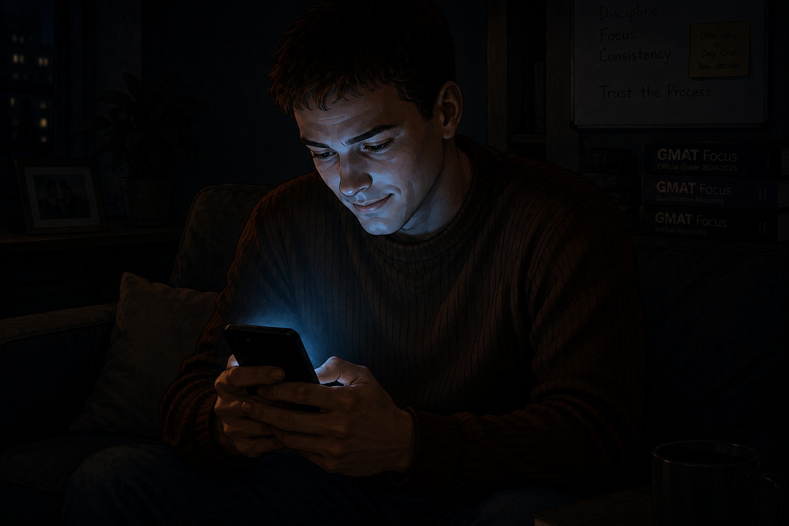 The candidate reading an AI assistant's reassuring answer on his phone, the screen lighting his face