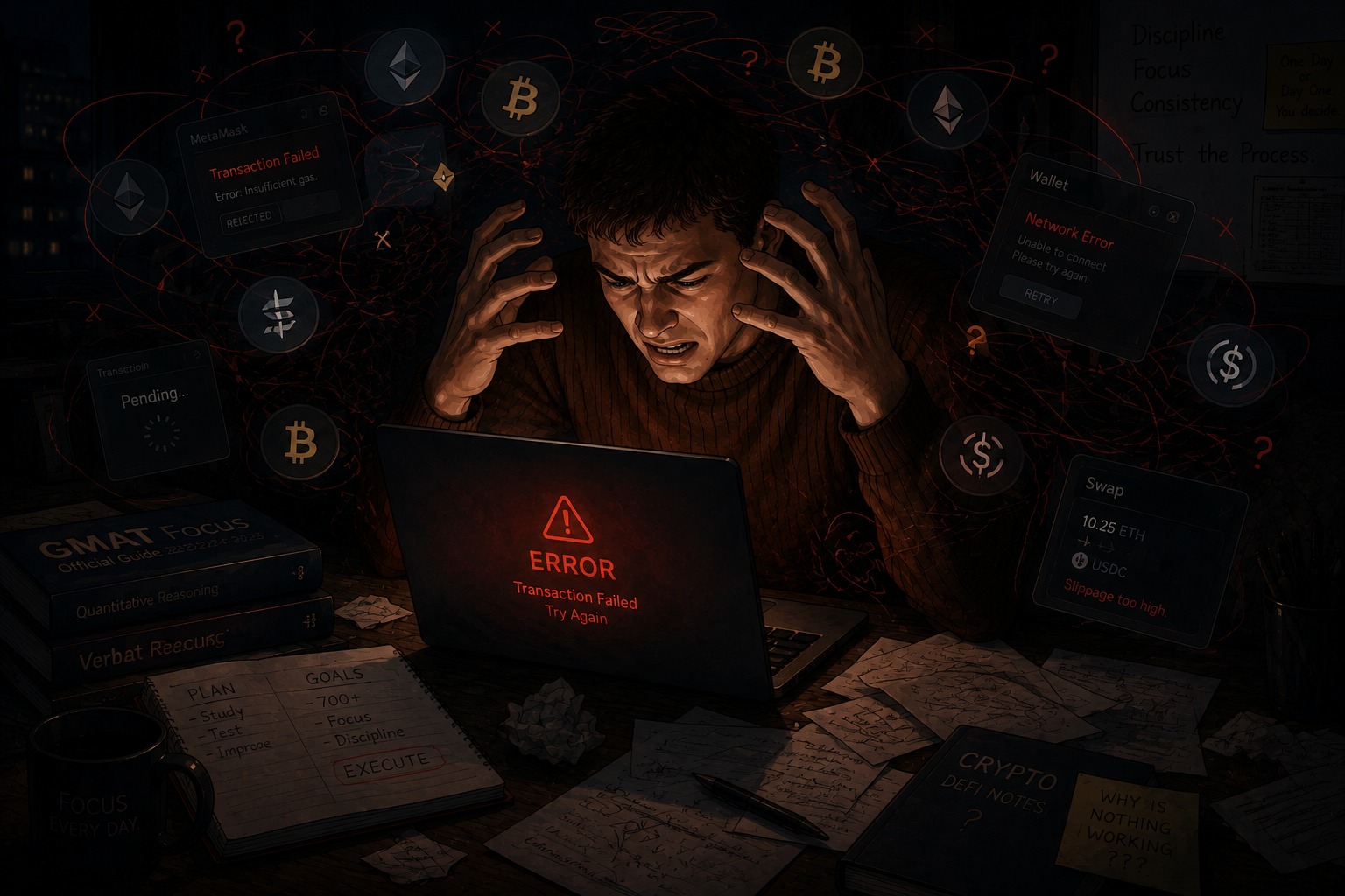 The candidate staring at a laptop full of failed-transaction and network errors, crypto icons swirling around him