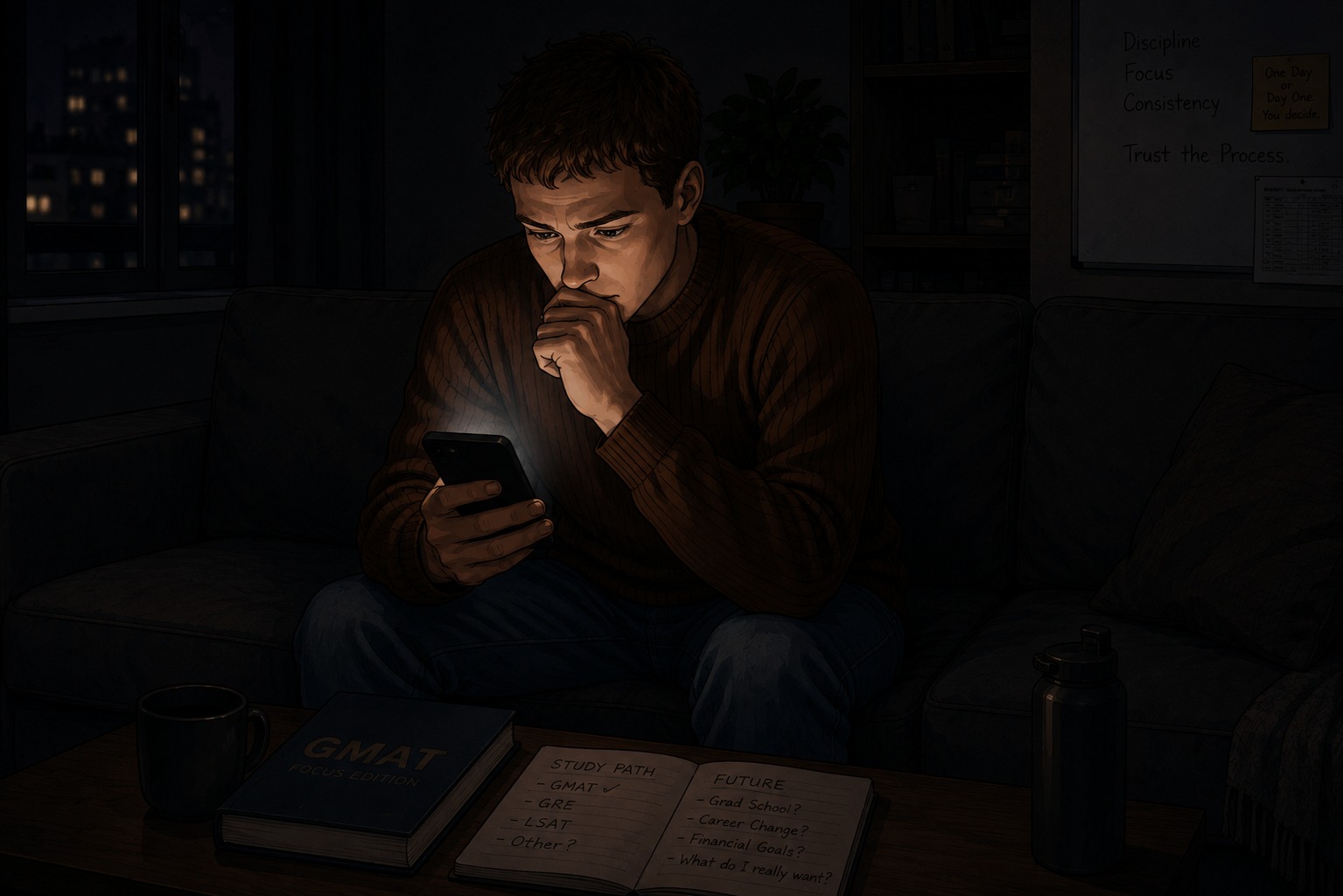The candidate weighing his options late at night on his phone, a notebook listing study paths and future goals