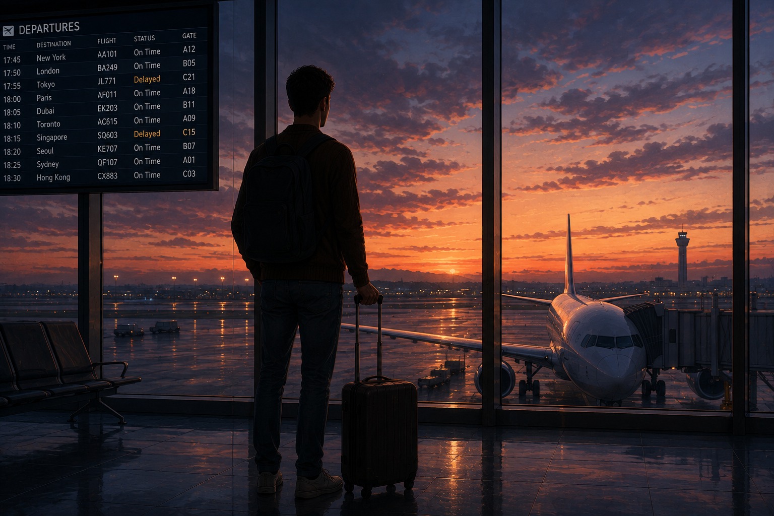 The candidate at an airport gate with a backpack and suitcase, watching the departures board and a plane at sunset