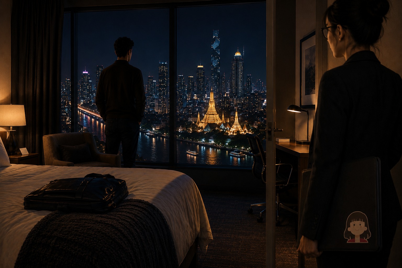 The candidate at his hotel window the night before the exam, looking out over a city skyline, a bag packed on the bed